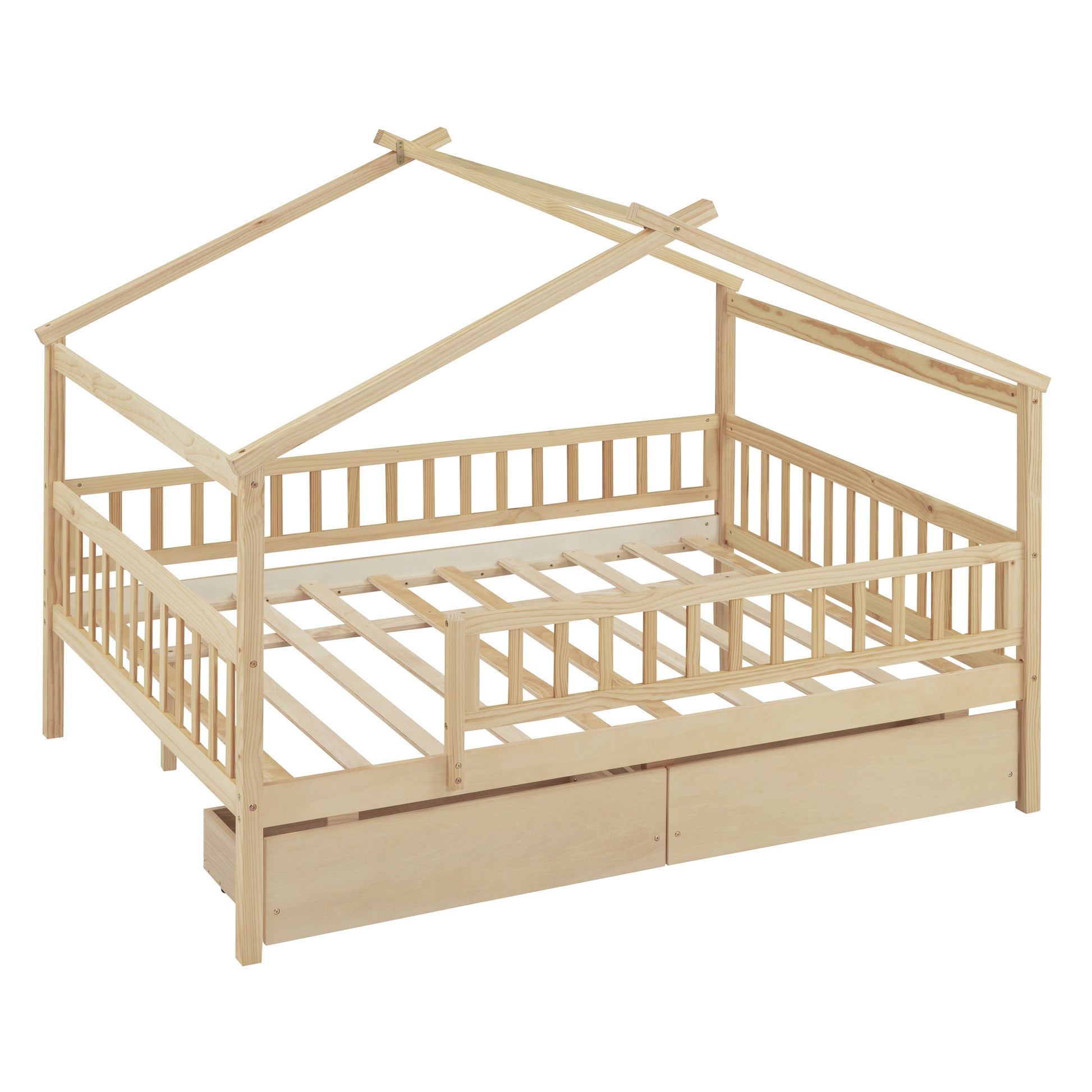 Full Size Wooden House Bed With Two Drawers, Natural Box Spring Not Required Full Natural Wood Bedroom Pine Bed Frame Wood