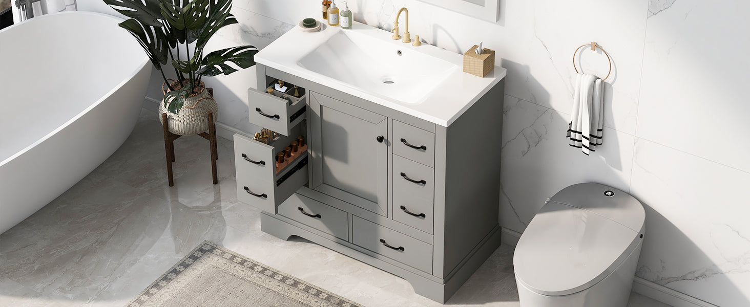 36" Bathroom Vanity With Sink Combo, Six Drawers, Multi Functional Drawer Divider, Adjustable Shelf, Grey Old Sku:Sy999808Aae Grey Solid Wood Mdf