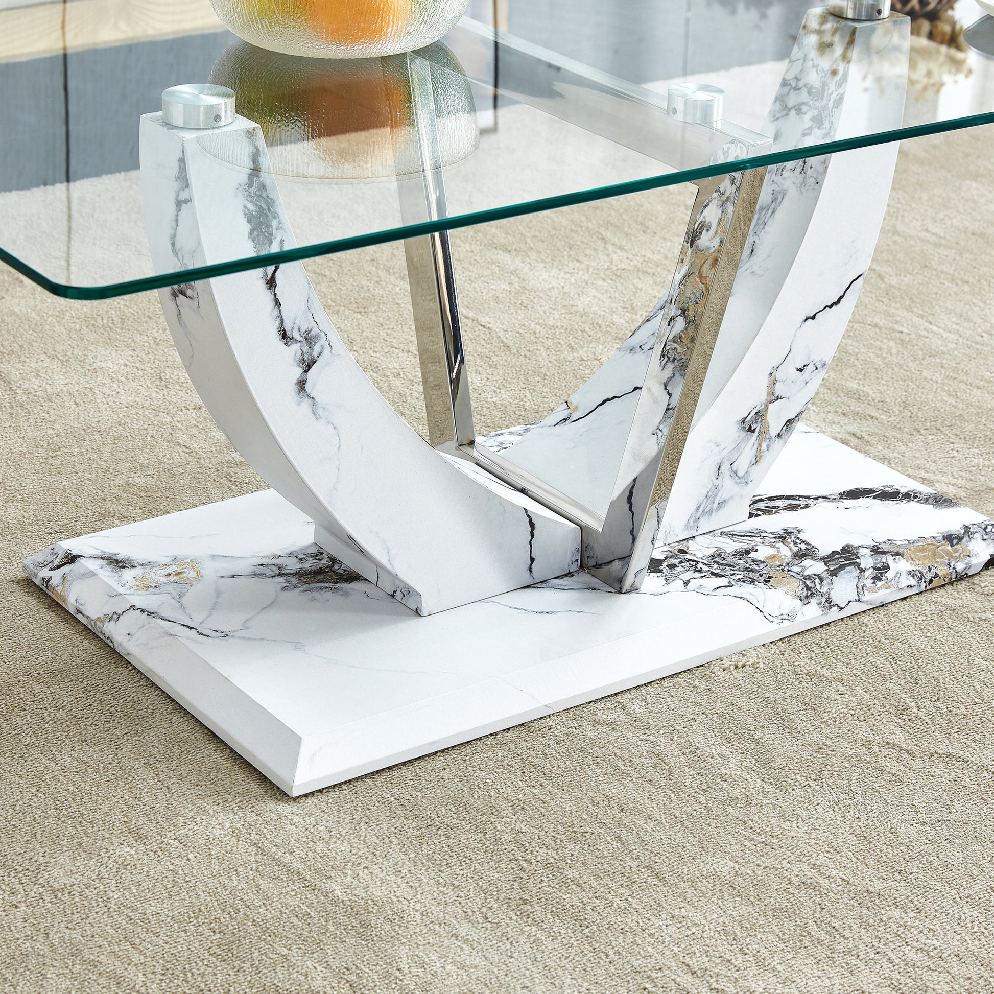 Modern Minimalist Transparent Tempered Glass Coffee Table With Marble Patterned Mdf Legs And Stainless Steel Decorative Columns. Computer Desk. Game Table. Ct 907 Transparent Mdf Glass