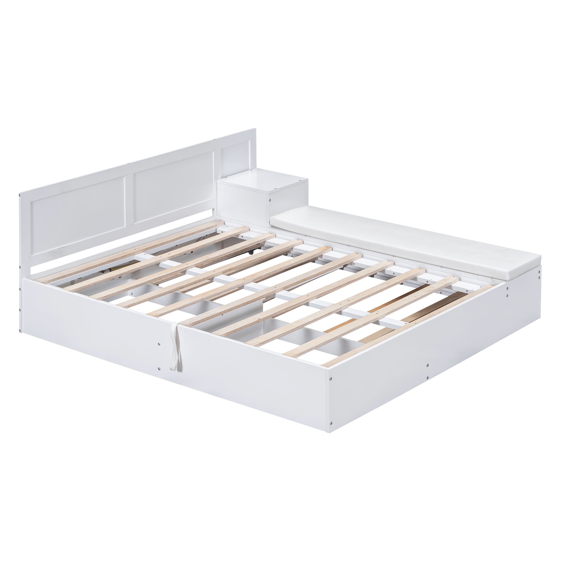 Full Size Wood Storage Hydraulic Platform Bed With Twin Size Trundle, Side Table And Lounge, White Box Spring Not Required Full White Wood Bedroom Bed Frame Solid Wood Mdf