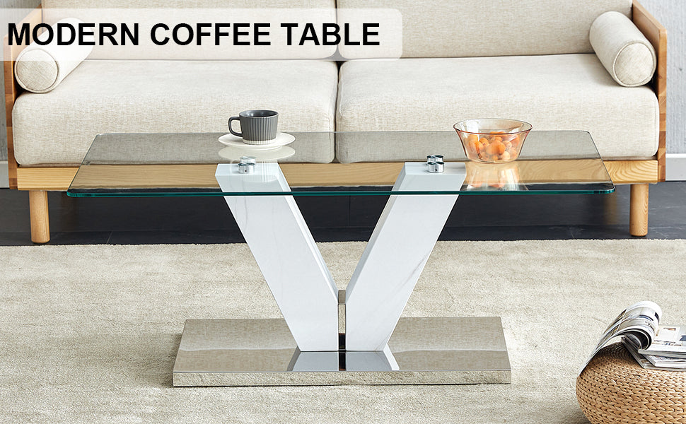 Modern Minimalist Coffee Table. Transparent Tempered Glass Tabletop With Silver Mdf Pillars. Suitable For Living Room And Dining Room Transparent Mdf Glass