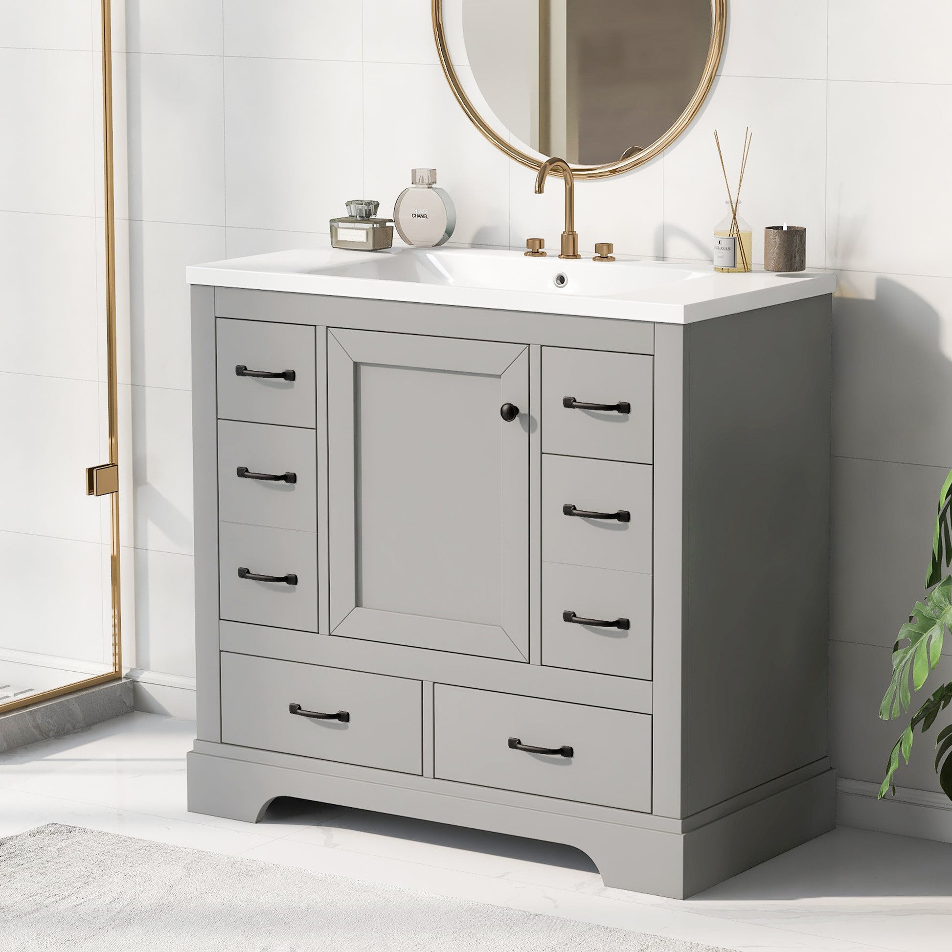 36" Bathroom Vanity With Sink Combo, Six Drawers, Multi Functional Drawer Divider, Adjustable Shelf, Grey Grey Solid Wood Mdf