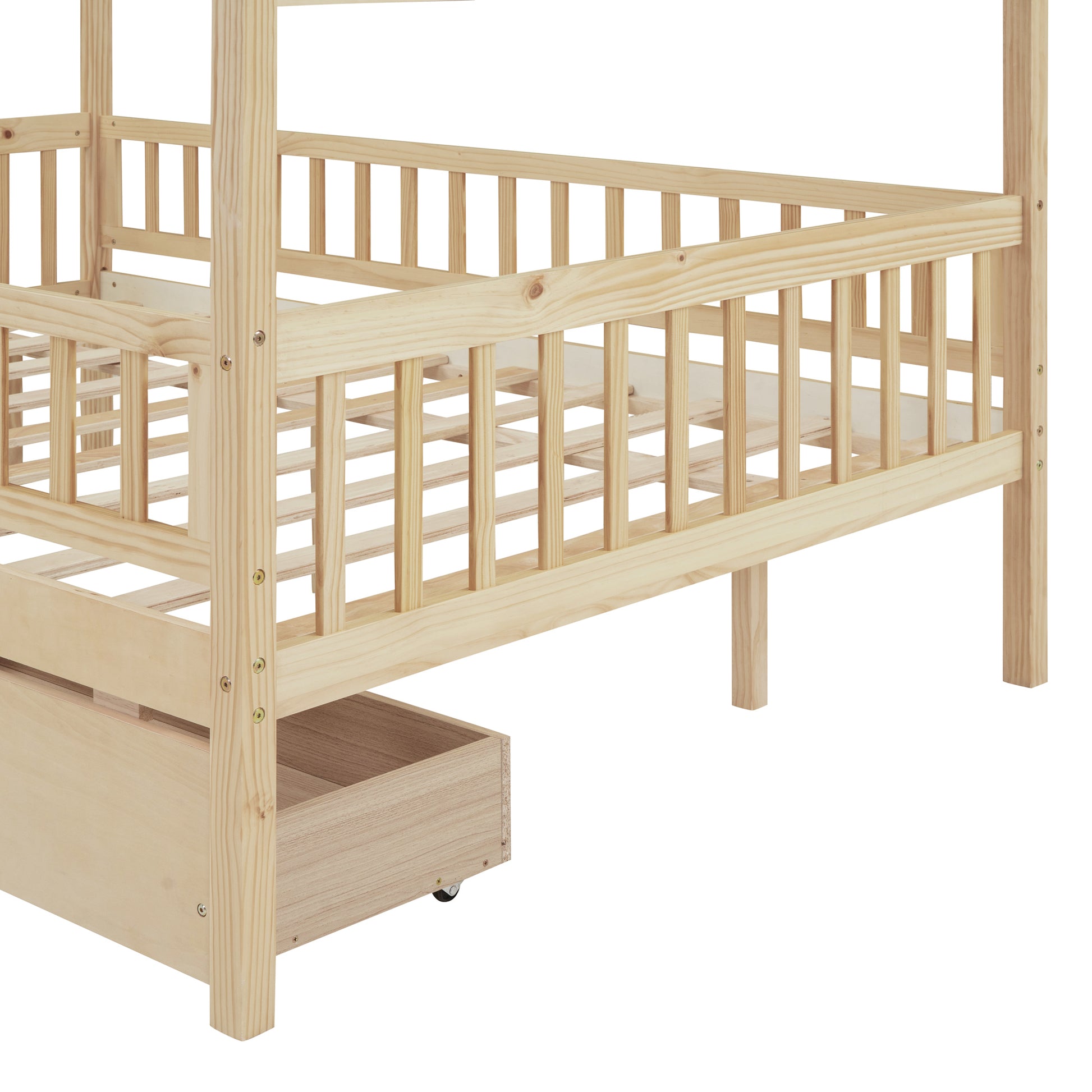 Full Size Wooden House Bed With Two Drawers, Natural Box Spring Not Required Full Natural Wood Bedroom Pine Bed Frame Wood