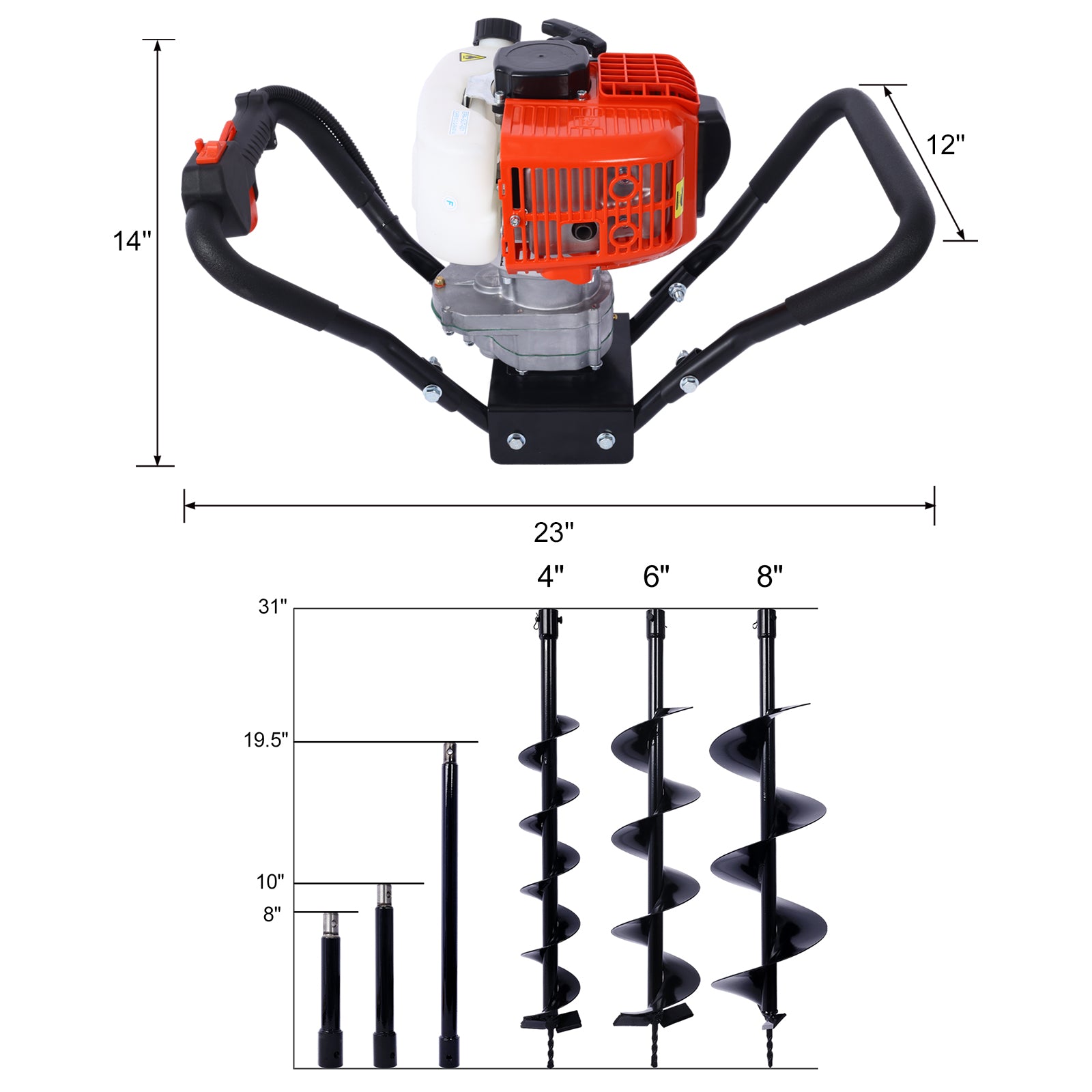 V Type 52Cc 2 Stroke Gas Post Hole Digger One Man Auger Epa Machine Plant Soil Digging Fence Withhole Digger Replacement Auger Bits L4" L6" L8" Drill Bits Ext Rod Kits Black Steel