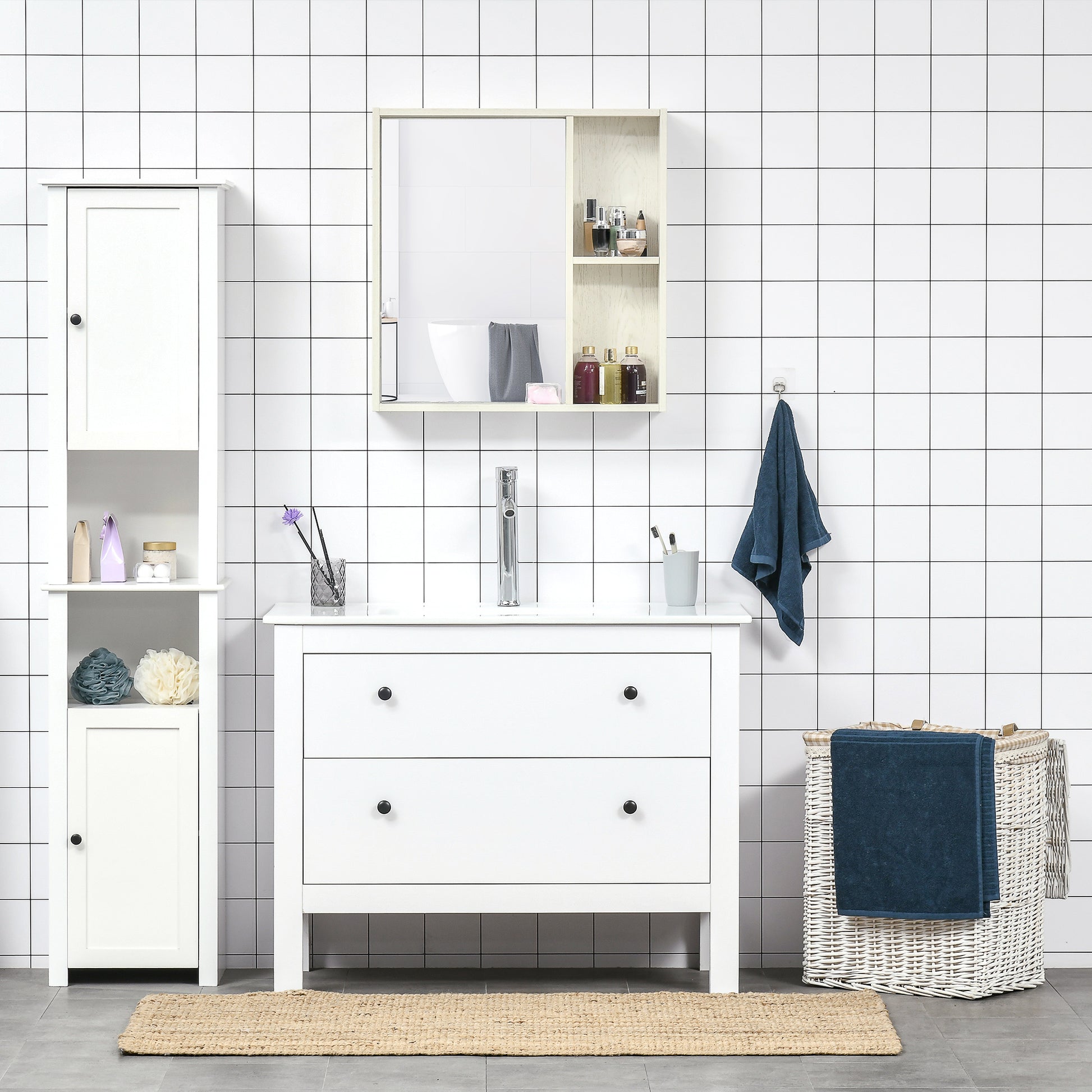 Kleankin 24.75" X 25.5" Bathroom Medicine Cabinet With Mirror, Storage Shelf, Over Toilet Bathroom Cabinet Wall Mounted For Living Room And Laundry Room, White White Mdf