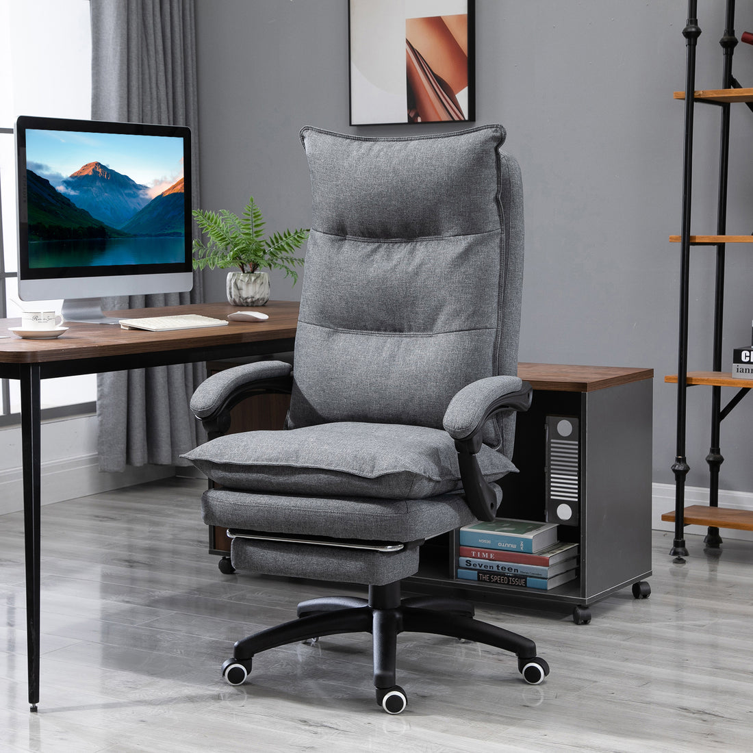 Vinsetto 360 Swivel Executive Home Office Chair Adjustable Height Linen Style Fabric Recliner With Retractable Footrest And Double Padding, Grey Gray Fabric