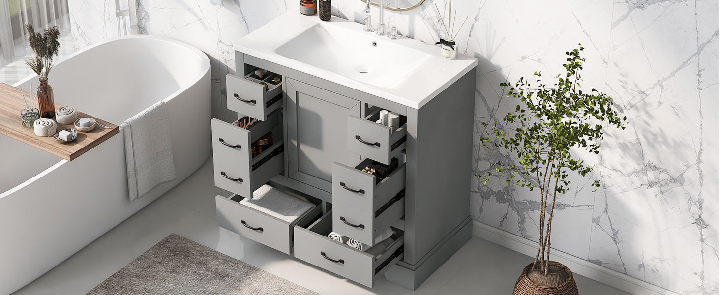 36" Bathroom Vanity With Sink Combo, Six Drawers, Multi Functional Drawer Divider, Adjustable Shelf, Grey Grey Solid Wood Mdf