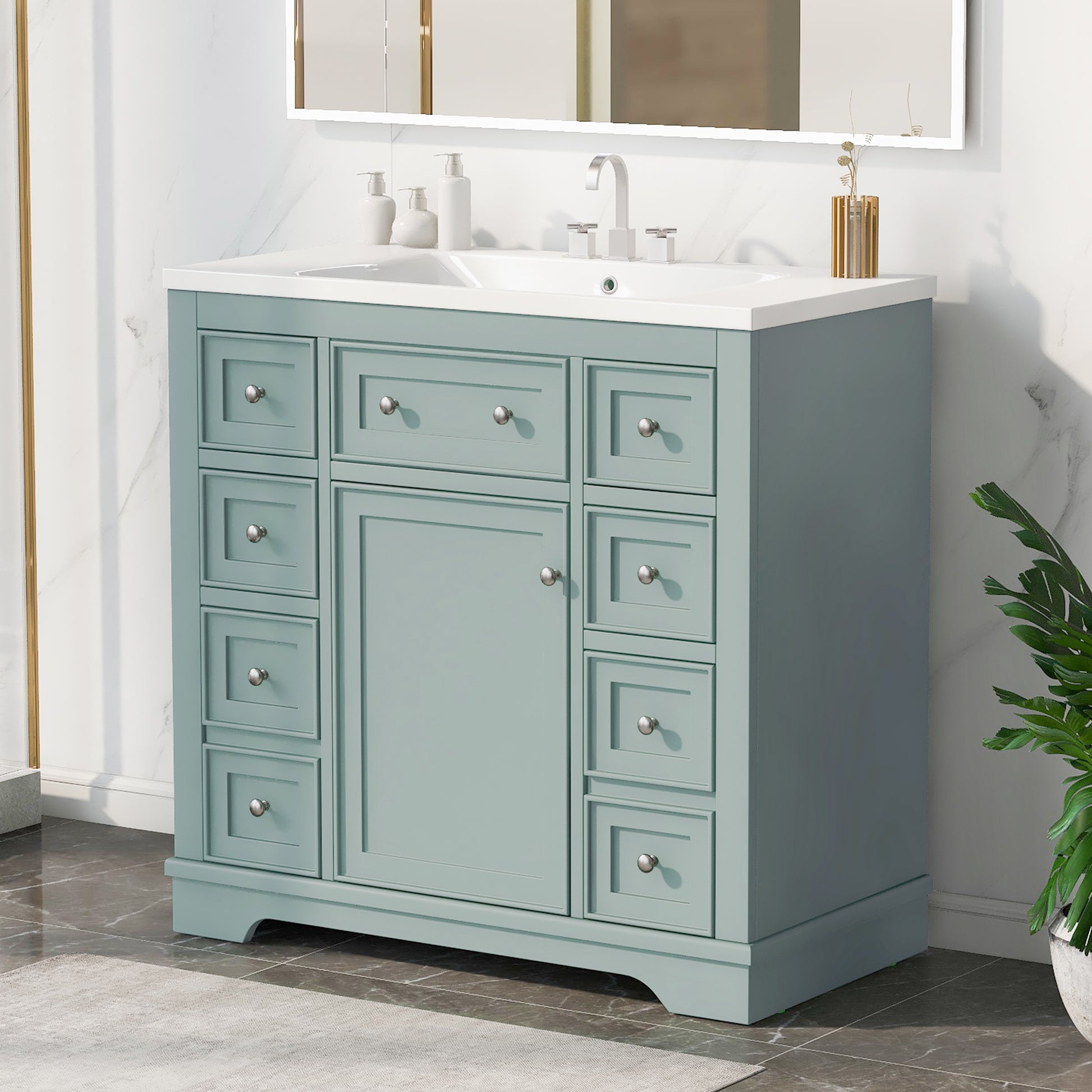 36" Bathroom Vanity With Sink Combo, One Cabinet And Six Drawers, Solid Wood And Mdf Board, Green Old Sku:Sy999404Aag Green Solid Wood Mdf