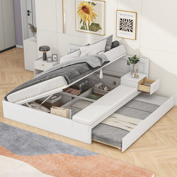 Full Size Wood Storage Hydraulic Platform Bed With Twin Size Trundle, Side Table And Lounge, White Box Spring Not Required Full White Wood Bedroom Bed Frame Solid Wood Mdf