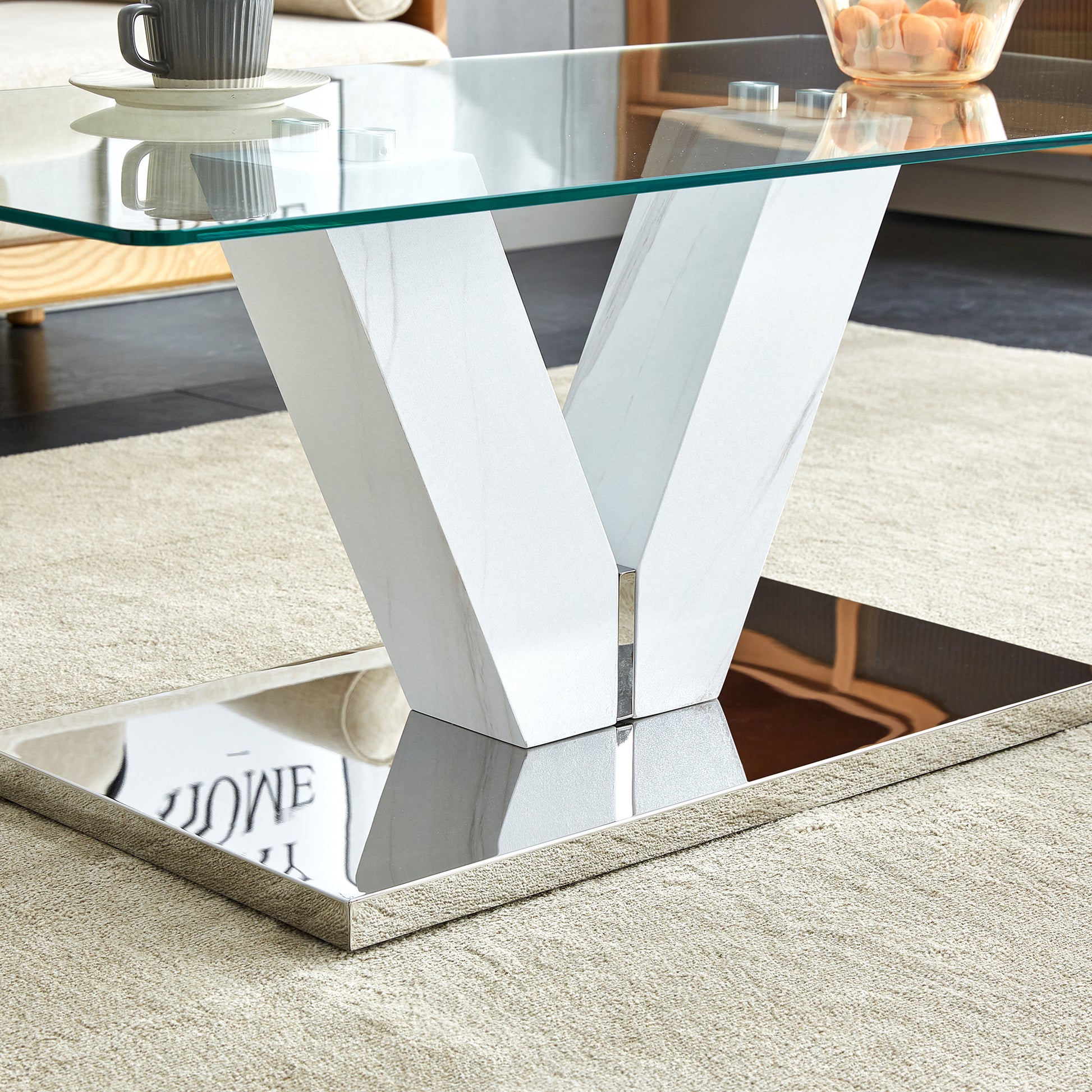 Modern Minimalist Coffee Table. Transparent Tempered Glass Tabletop With Silver Mdf Pillars. Suitable For Living Room And Dining Room Transparent Mdf Glass