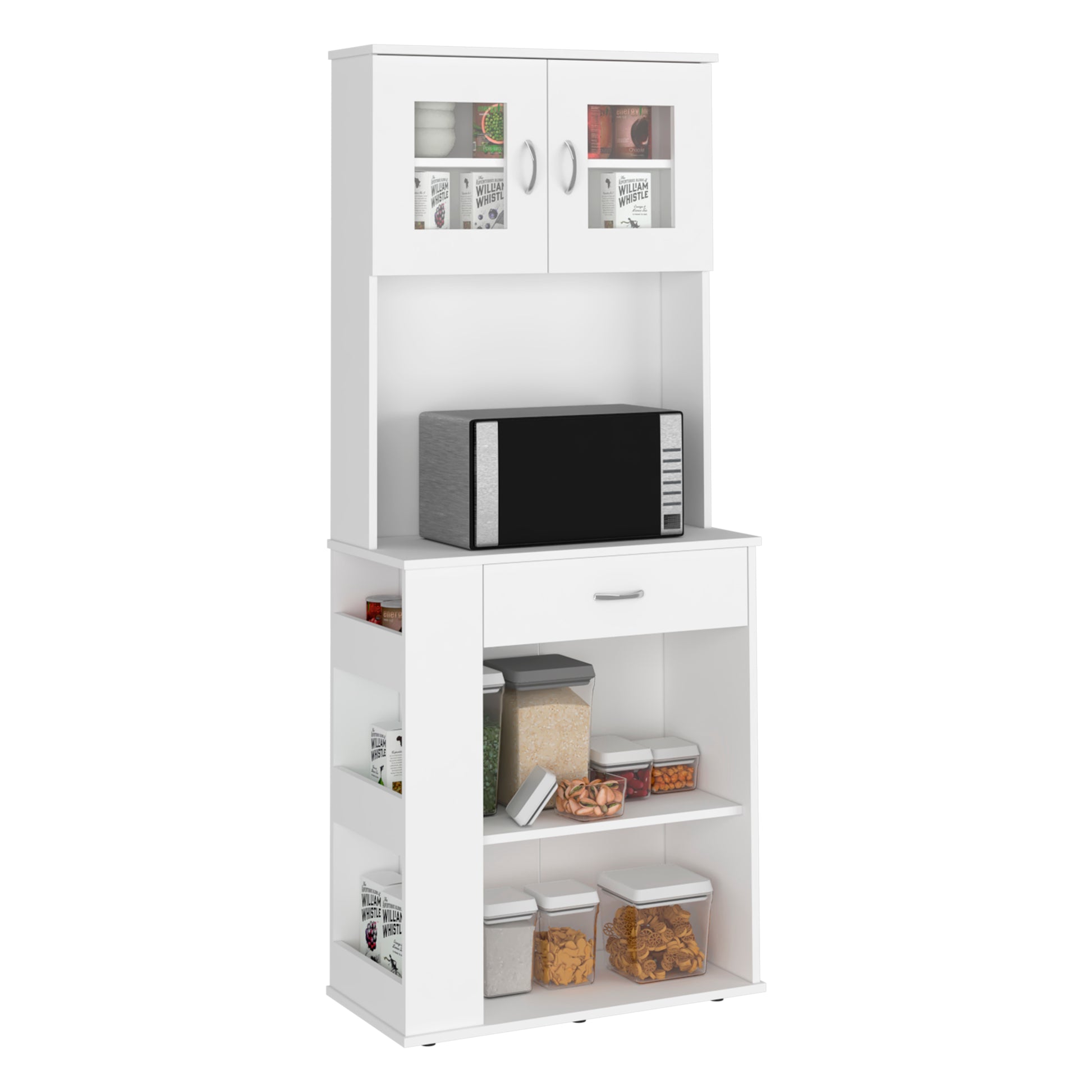 Poole Pantry Cabinet, Three Side Small Shelves, One Drawer, Double Door Cabinet, Four Adjustable Metal Legs White Mdf Engineered Wood