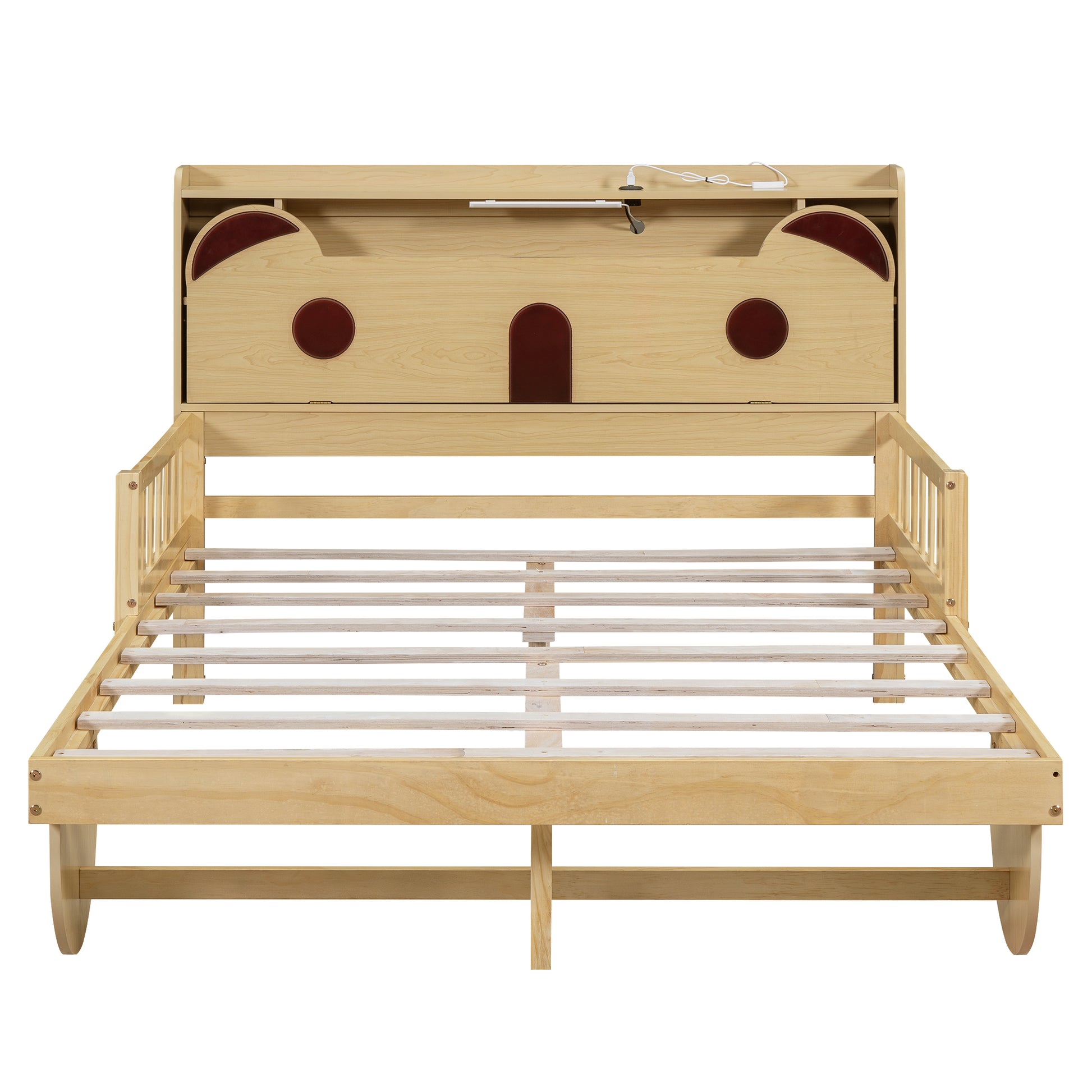 Full Size Car Bed With Bear Shaped Headboard, Usb And Led, Natural Box Spring Not Required Full Natural Bedroom Bed Frame Solid Wood Mdf