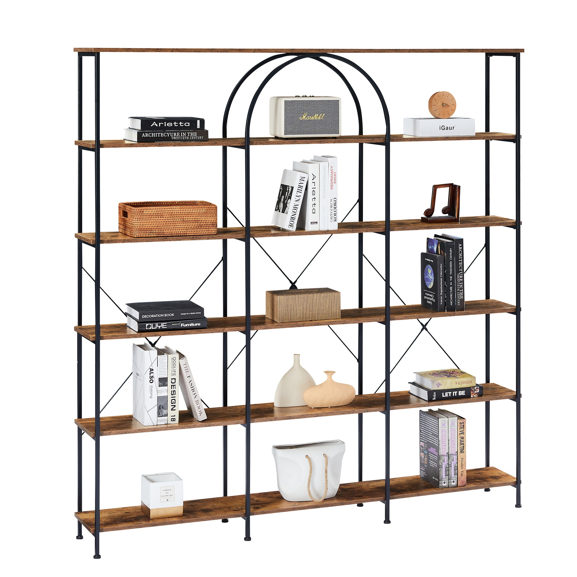 6 Tier Bookcase Home Office Open Bookshelf, Vintage Industrial Style Shelf With Metal Frame, Mdf Board, Brown Brown Mdf Steel