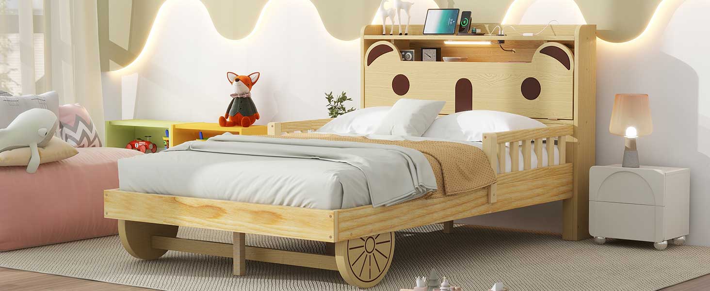 Full Size Car Bed With Bear Shaped Headboard, Usb And Led, Natural Box Spring Not Required Full Natural Bedroom Bed Frame Solid Wood Mdf