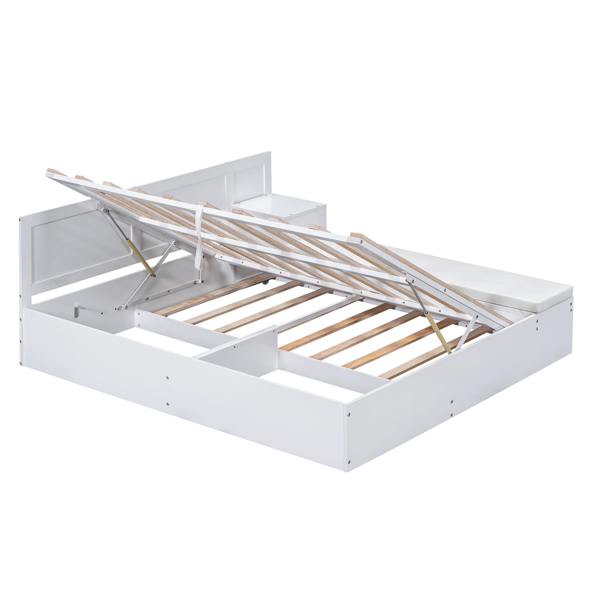 Full Size Wood Storage Hydraulic Platform Bed With Twin Size Trundle, Side Table And Lounge, White Box Spring Not Required Full White Wood Bedroom Bed Frame Solid Wood Mdf