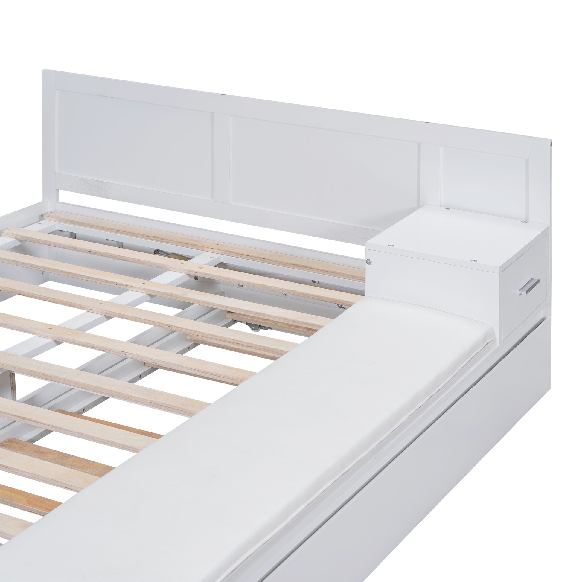 Full Size Wood Storage Hydraulic Platform Bed With Twin Size Trundle, Side Table And Lounge, White Box Spring Not Required Full White Wood Bedroom Bed Frame Solid Wood Mdf