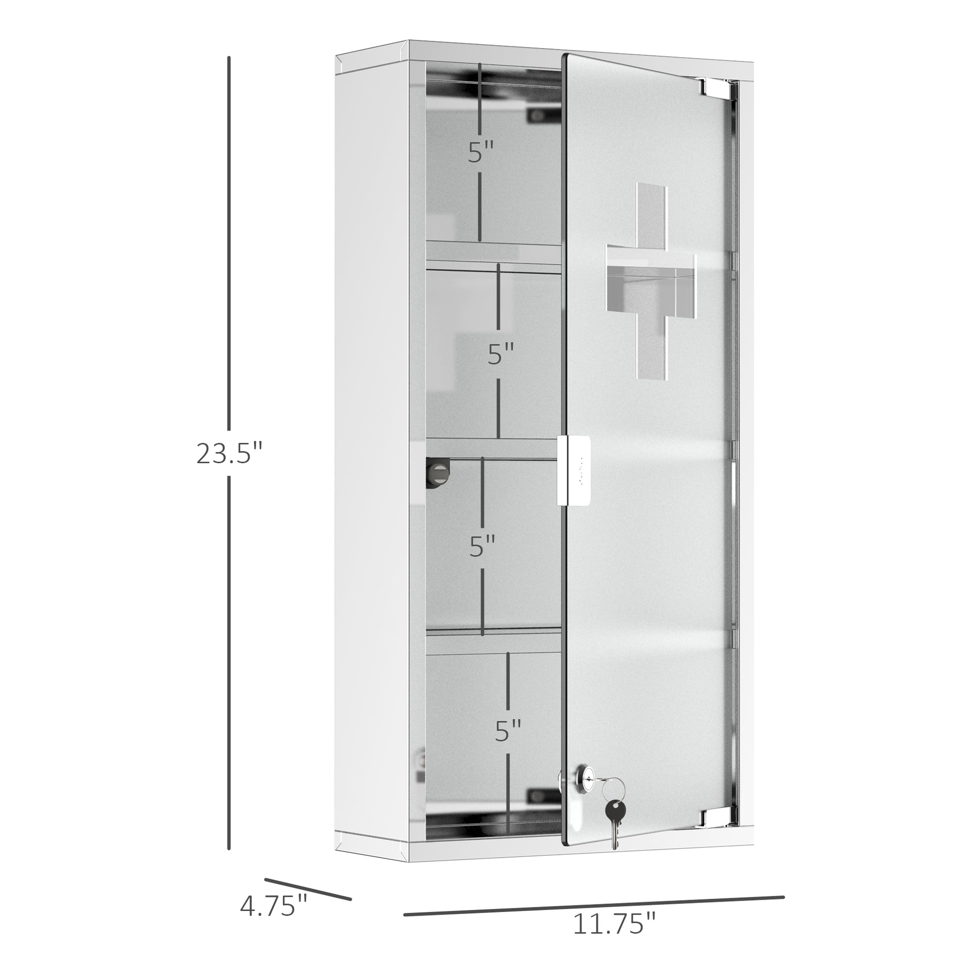 Kleankin Wall Mounted Medicine Cabinet, Locking Wall Cabinet With 4 Tier Shelves, Stainless Steel Frame And Glass Door, Lockable With 2 Keys, Silver, 12" X 24" Silver Stainless Steel