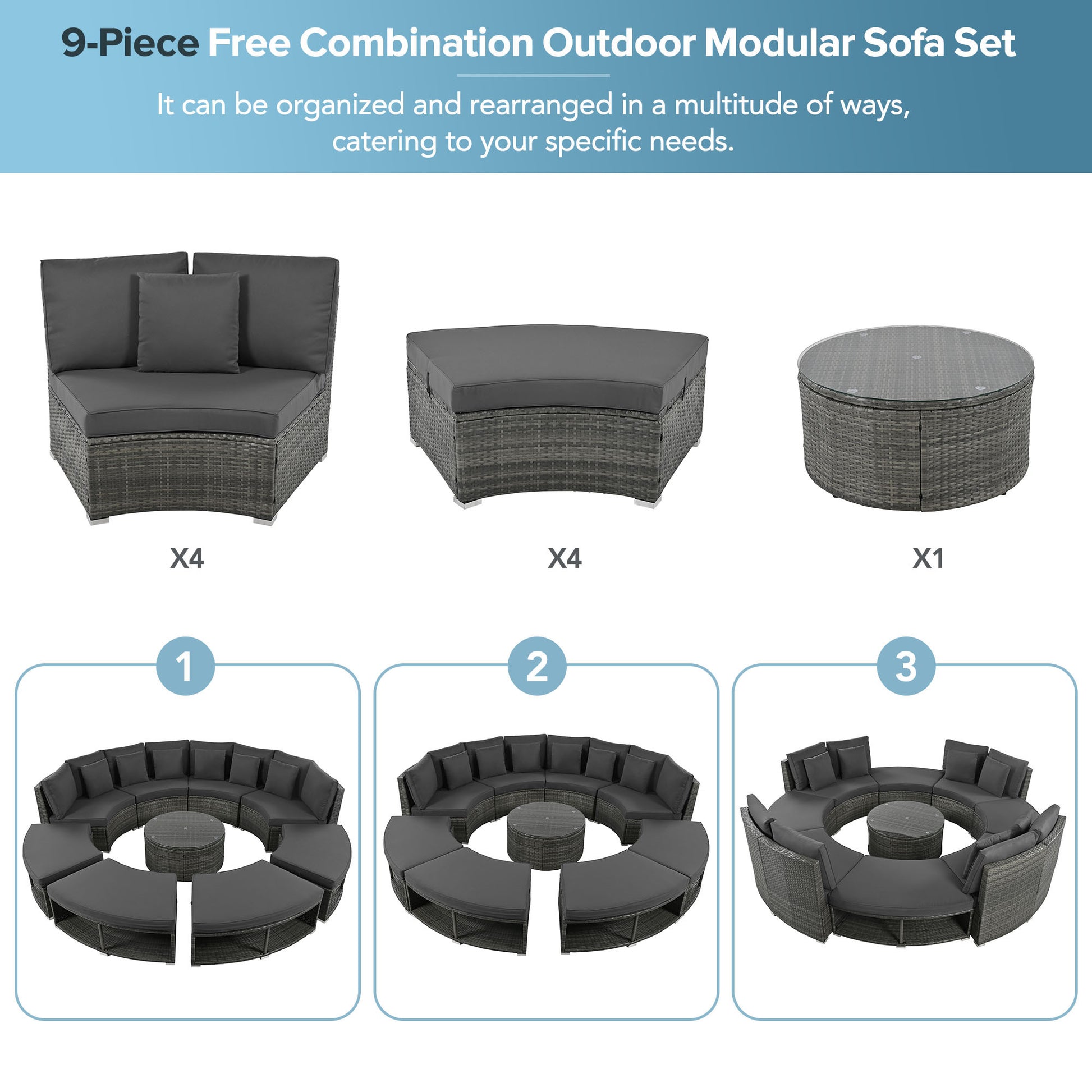 Outdoor Patio Furniture Luxury Circular Outdoor Sofa Set Rattan Wicker Sectional Sofa Lounge Set With Tempered Glass Coffee Table, 6 Pillows, Grey Yes Grey Water Resistant Frame Water Resistant Cushion Garden & Outdoor Sectional Seating Groups Foam