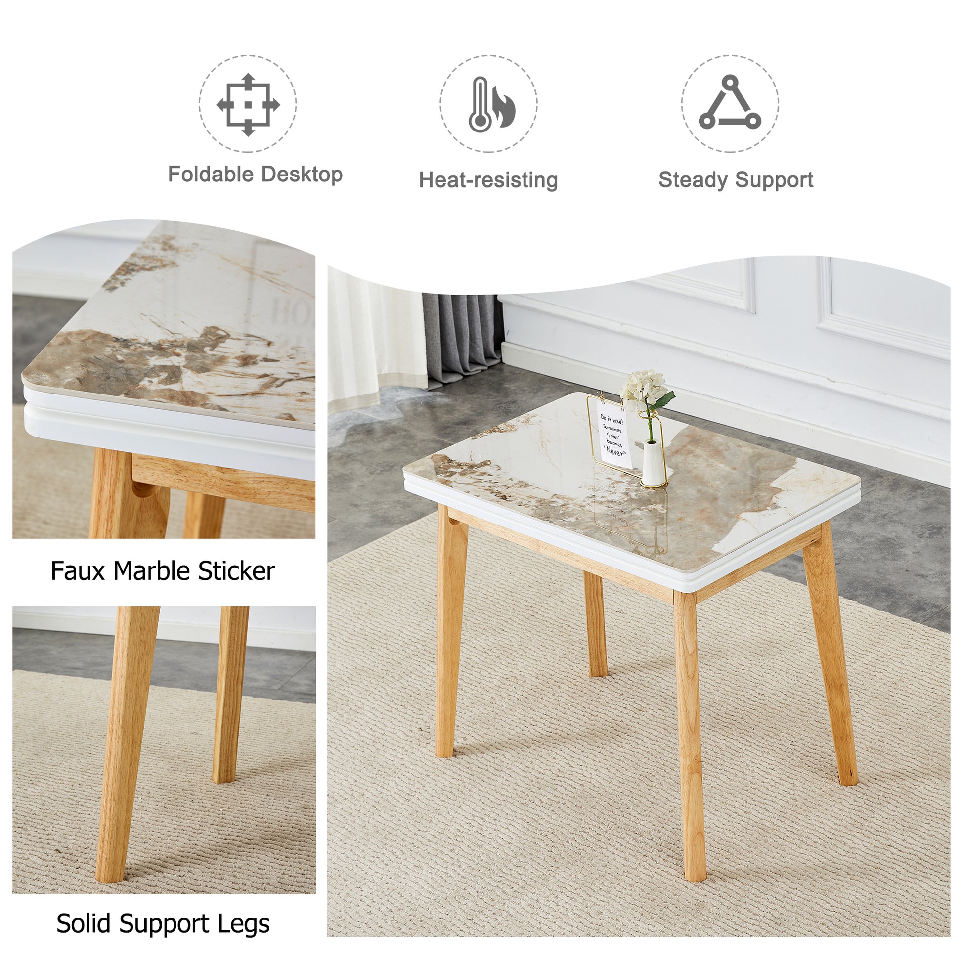 Imitation Marble White Sintered Stone Tabletop With Rubber Wooden Legs, Foldable Computer Desk, Foldable Office Desk, Suitable For Restaurants, Living Rooms, Terraces, Kitchens White Sintered Stone