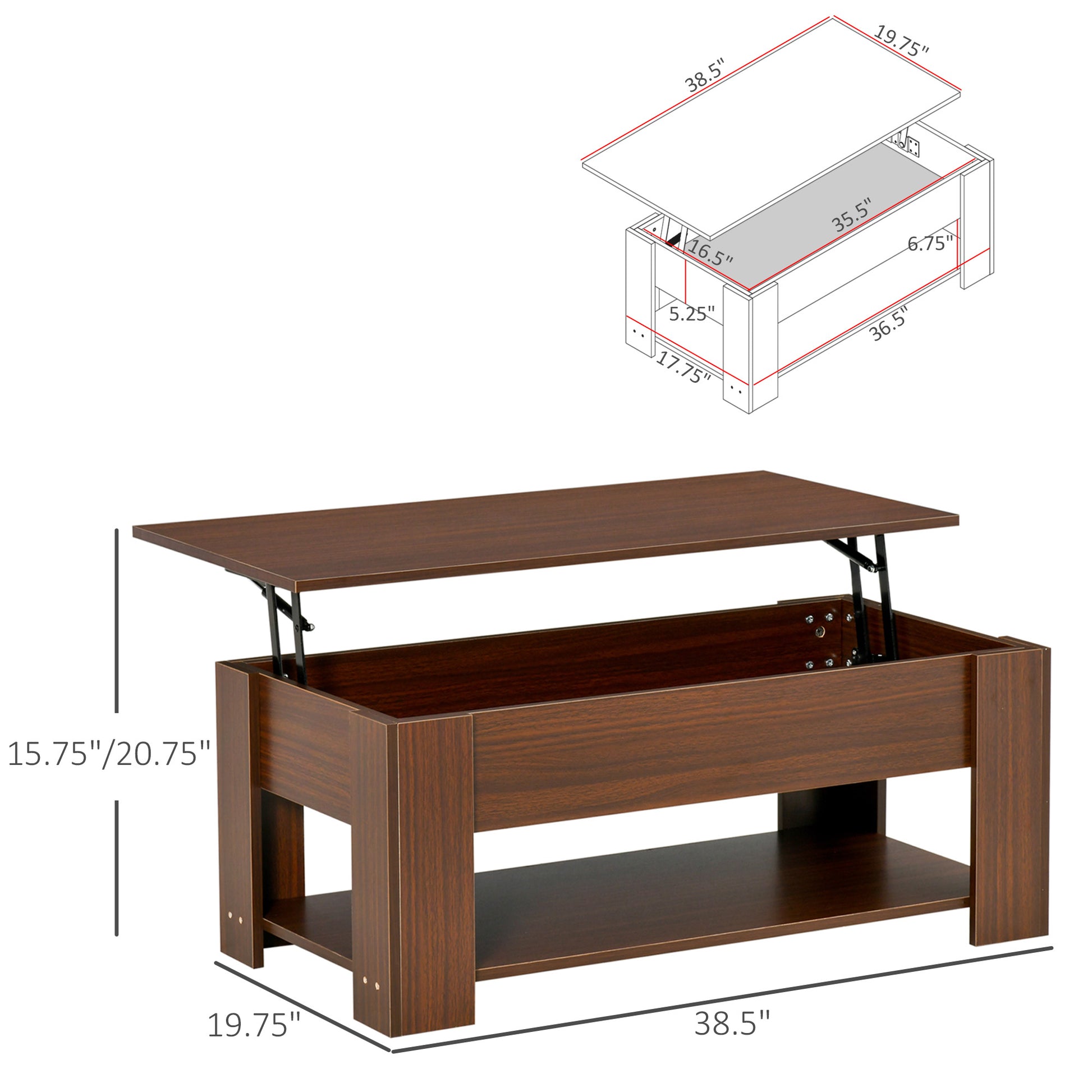 Homcom 39" Lift Top Coffee Table With Hidden Storage Compartment And Open Shelf, Pop Up Coffee Table For Living Room, Brown Brown Particle Board