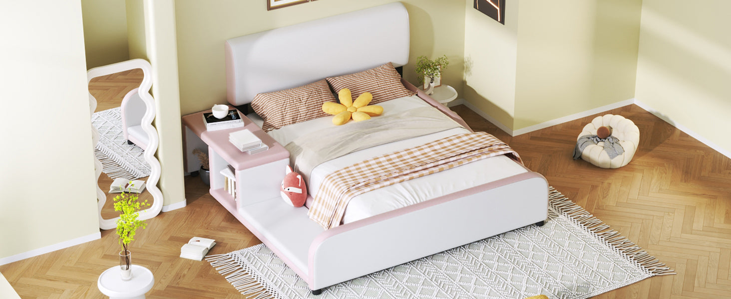 Full Size Upholstered Platform Bed With Storage Nightstand And Guardrail, Pink Box Spring Not Required Full Pink Wood Bedroom Upholstered