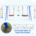 5 In 1 Outdoor Toddler Swing Set For Backyard, Playground Swing Sets With Steel Frame, Multifunction Playsets For Kids With Climbing Ladder, Saucer Swing, Monkey Bar Swing, Disc Swing And Swing Ring Blue Metal