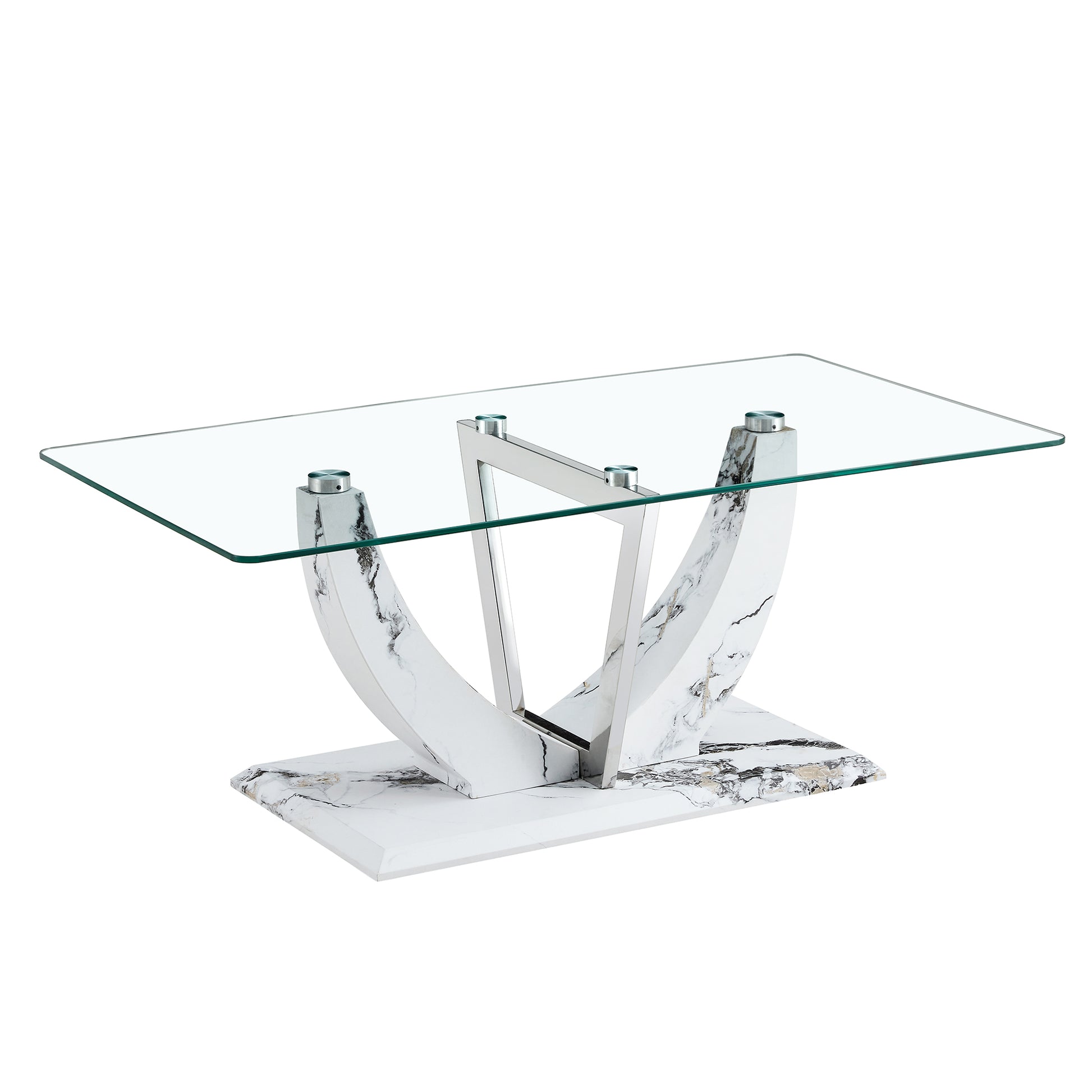 Modern Minimalist Transparent Tempered Glass Coffee Table With Marble Patterned Mdf Legs And Stainless Steel Decorative Columns. Computer Desk. Game Table. Ct 907 Transparent Mdf Glass