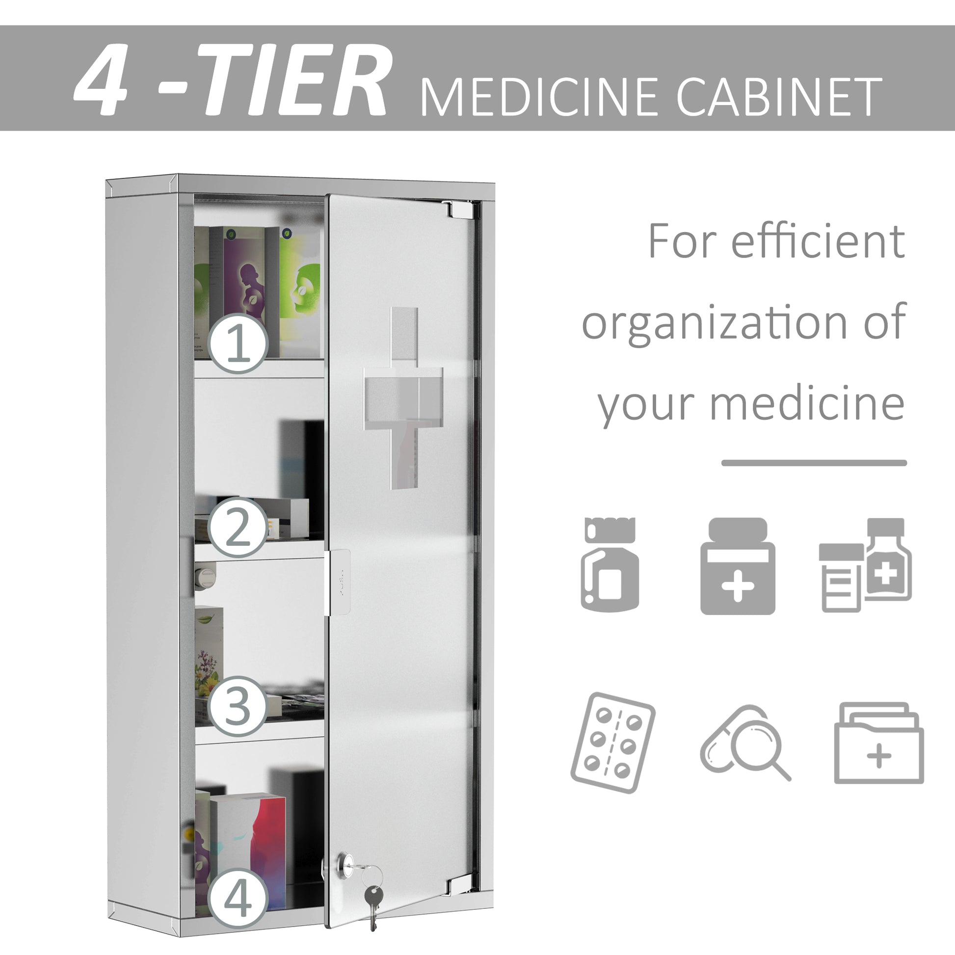 Kleankin Wall Mounted Medicine Cabinet, Locking Wall Cabinet With 4 Tier Shelves, Stainless Steel Frame And Glass Door, Lockable With 2 Keys, Silver, 12" X 24" Silver Stainless Steel