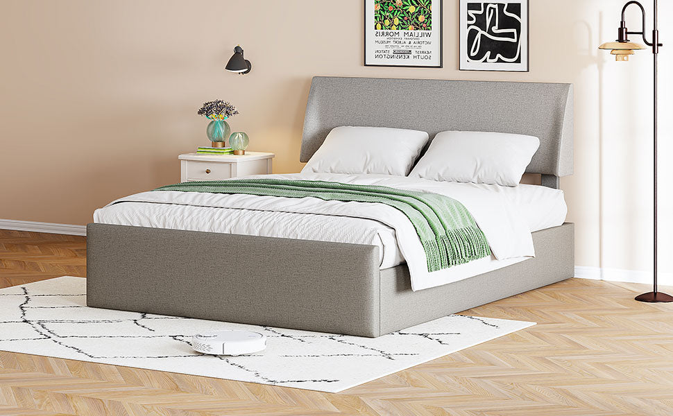 Full Size Sleigh Bed With Side Tilt Hydraulic Storage System, Linen Upholstery, Gray Gray Linen