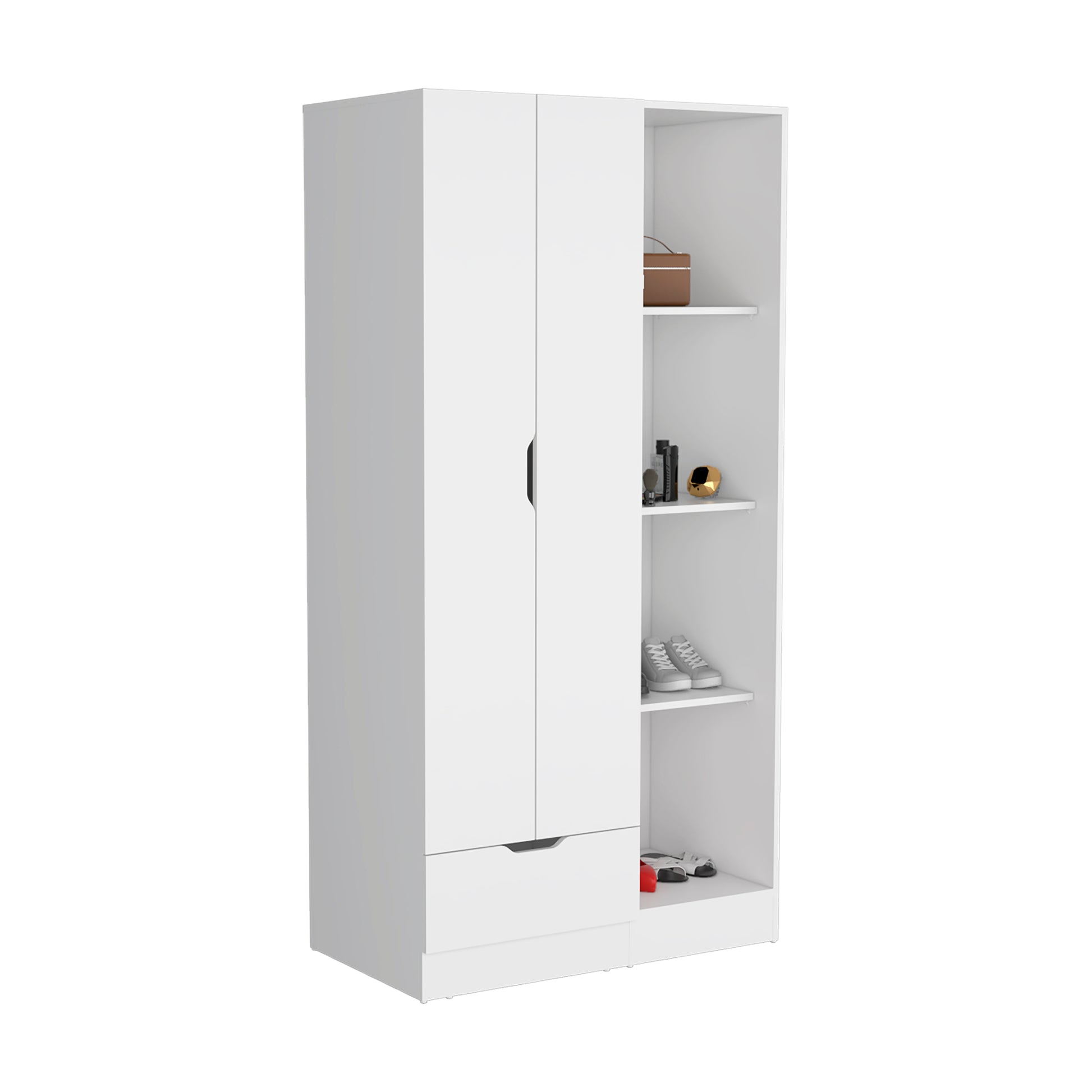 Armoire 71"H With 1 Drawer And 4 Tier Open Shelves, 2 Doors, White White White Pine Particle Board Engineered Wood