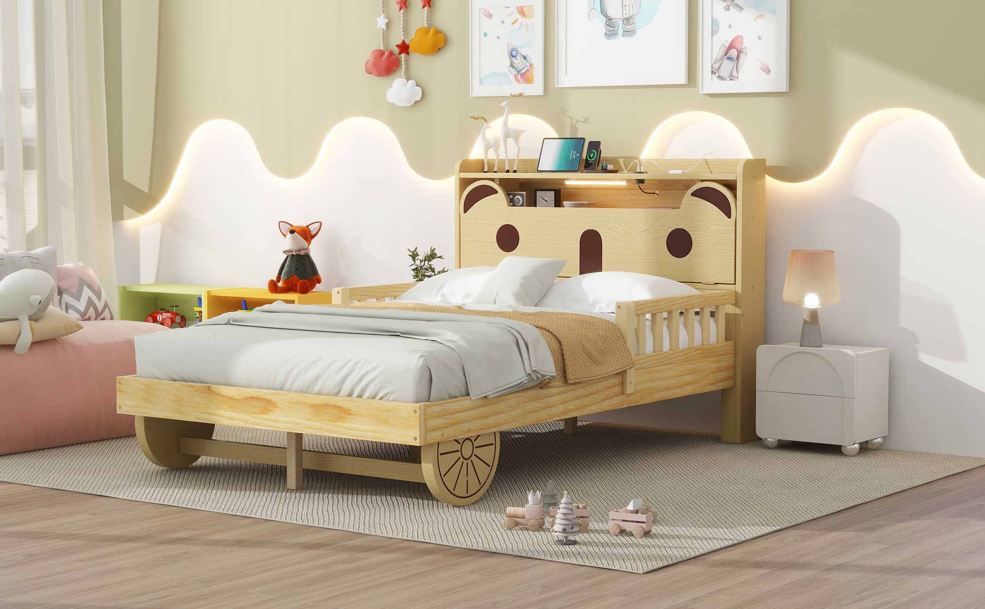 Full Size Car Bed With Bear Shaped Headboard, Usb And Led, Natural Box Spring Not Required Full Natural Bedroom Bed Frame Solid Wood Mdf