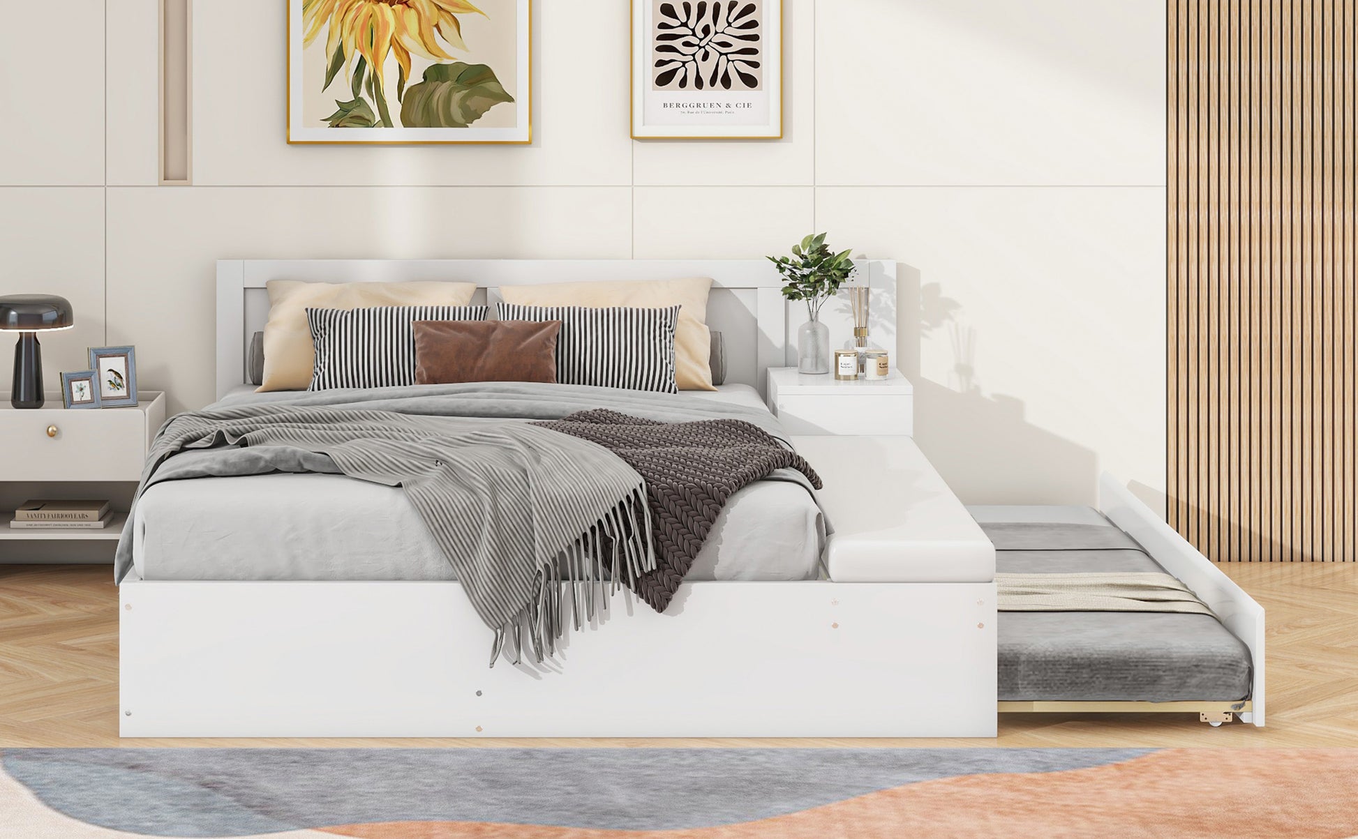 Full Size Wood Storage Hydraulic Platform Bed With Twin Size Trundle, Side Table And Lounge, White Box Spring Not Required Full White Wood Bedroom Bed Frame Solid Wood Mdf