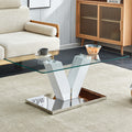 Modern Minimalist Coffee Table. Transparent Tempered Glass Tabletop With Silver Mdf Pillars. Suitable For Living Room And Dining Room Transparent Mdf Glass