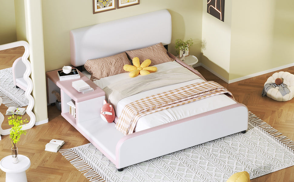 Full Size Upholstered Platform Bed With Storage Nightstand And Guardrail, Pink Box Spring Not Required Full Pink Wood Bedroom Upholstered