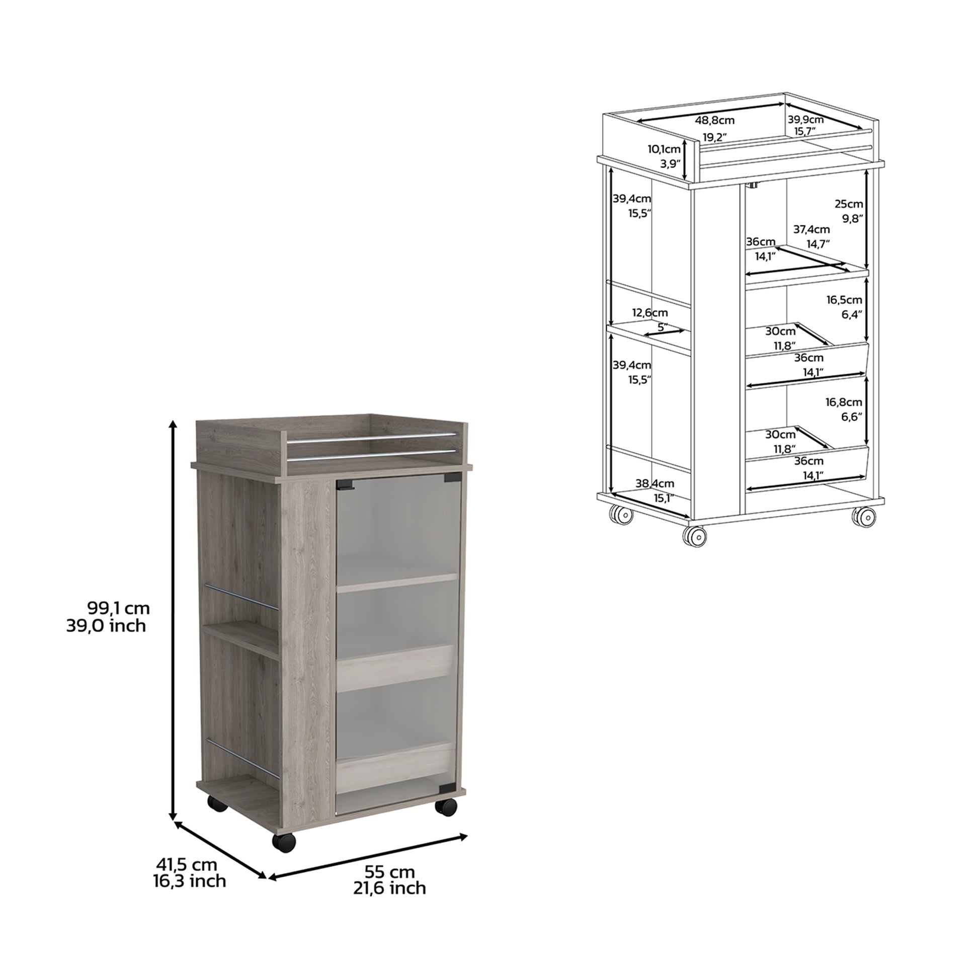 Light Gray Kitchen Cabinet, Bar Cart With Wheels, Glass Door, 3 Internal Shelves And 2 Side Shelves, Space To Store Coffee And Snacks. Gray Pine Particle Board Engineered Wood