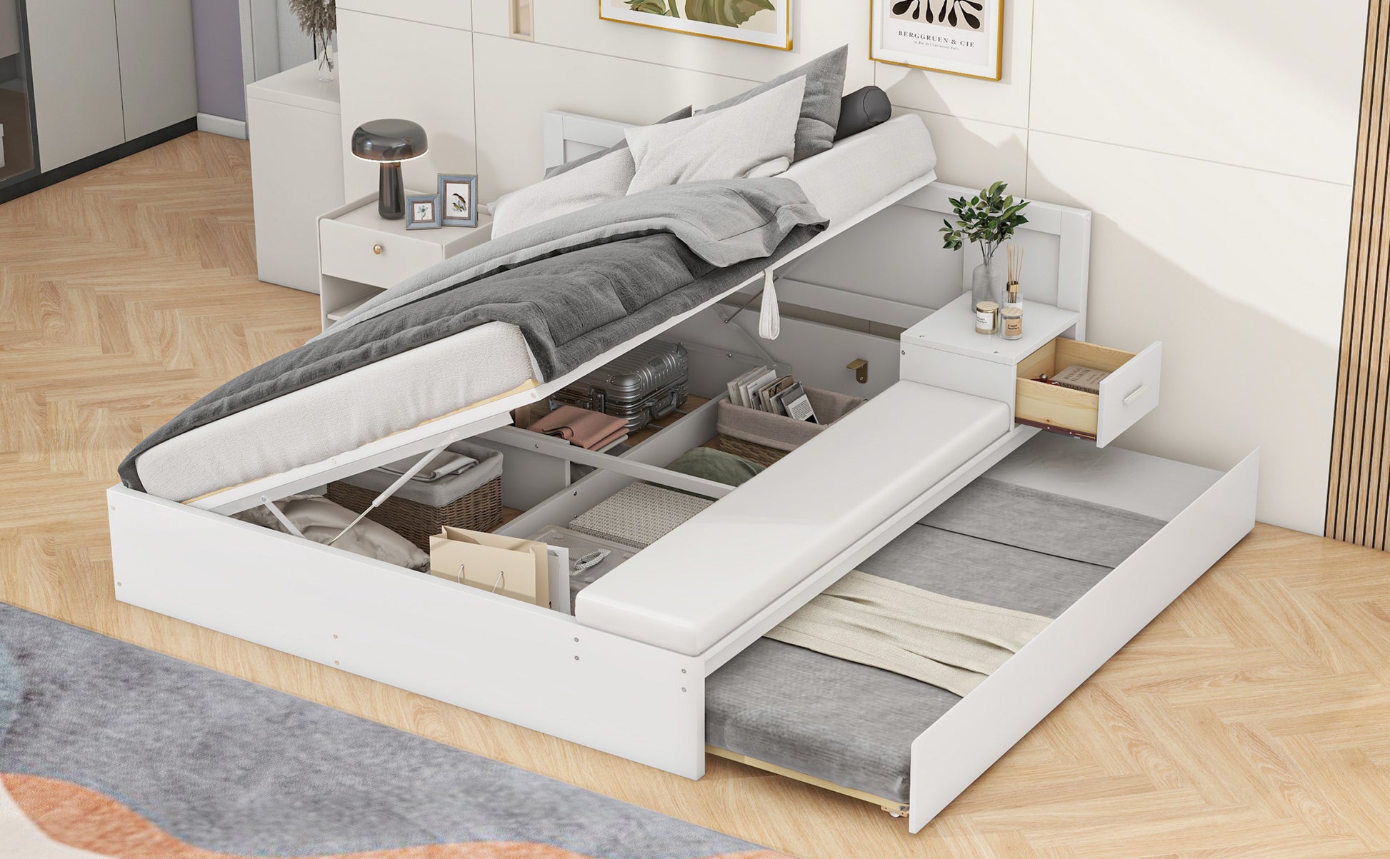 Full Size Wood Storage Hydraulic Platform Bed With Twin Size Trundle, Side Table And Lounge, White Box Spring Not Required Full White Wood Bedroom Bed Frame Solid Wood Mdf