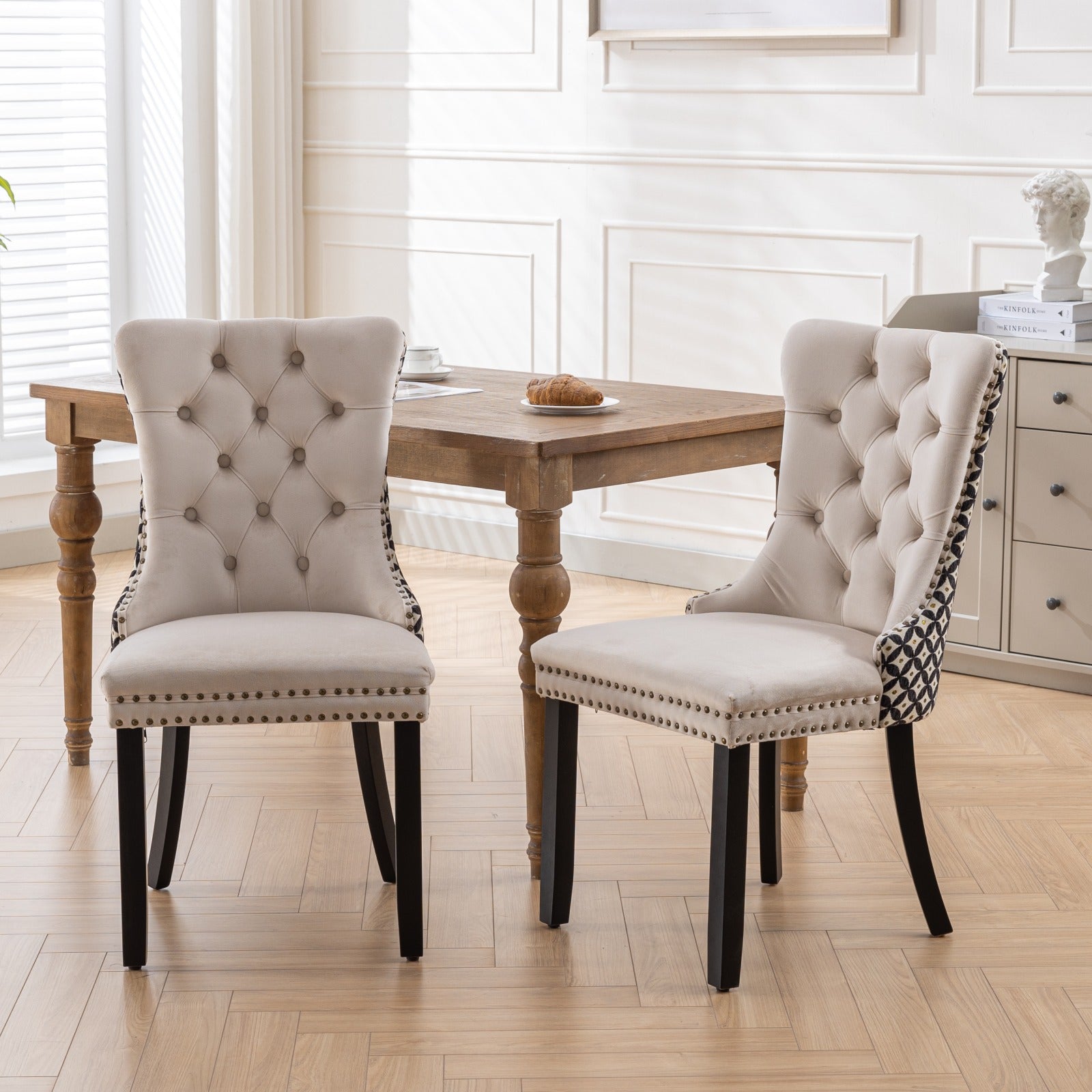 Classic Velvet Dining Chairs, High End Tufted Solid Wood Contemporary Velvet Upholstered Dining Chair With Wood Legs Nailhead, Set Of 2,Beige And Patterned,Sw2201Bg Beige Dining Room American Design Rubberwood Set Of 2 Foam Velvet