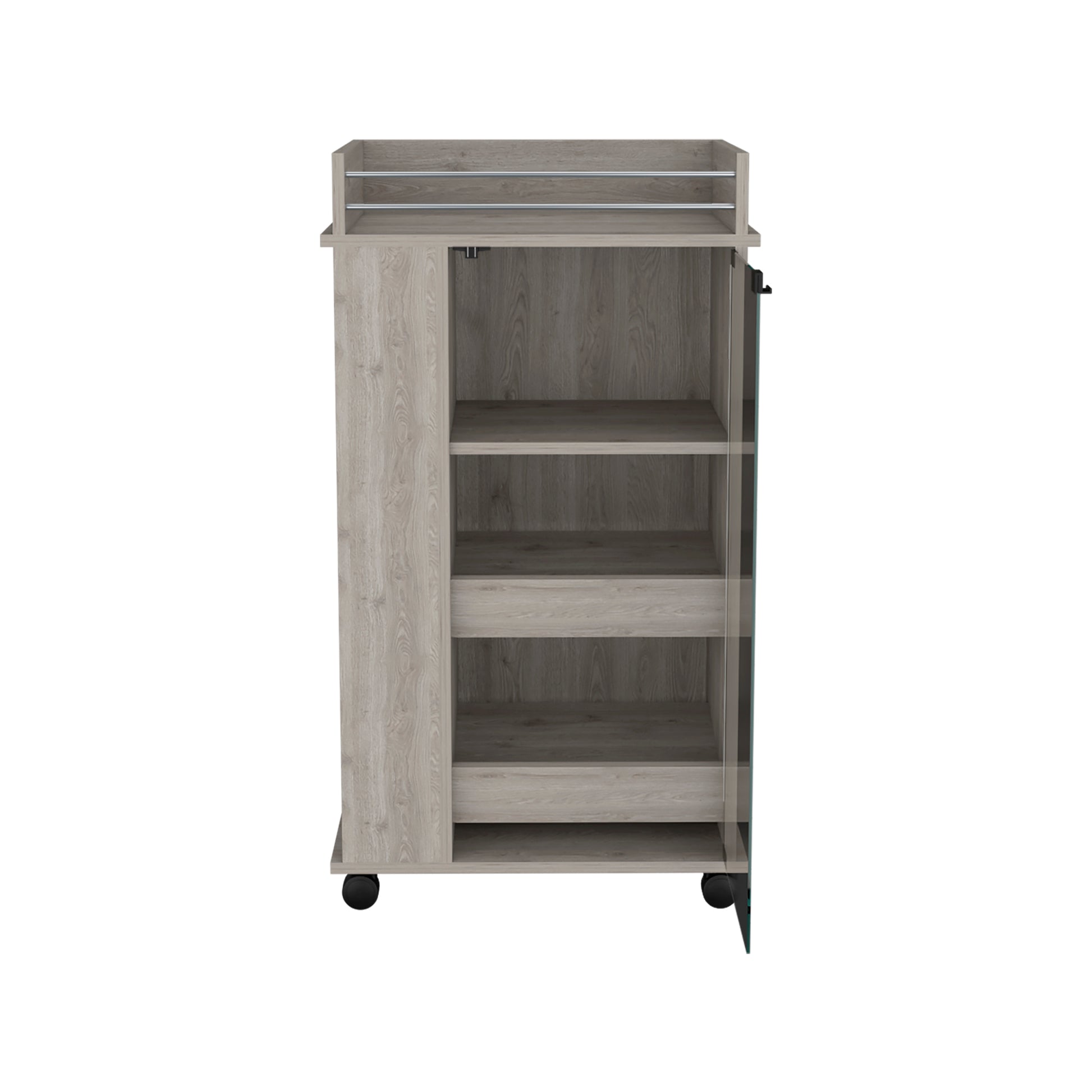 Light Gray Kitchen Cabinet, Bar Cart With Wheels, Glass Door, 3 Internal Shelves And 2 Side Shelves, Space To Store Coffee And Snacks. Gray Pine Particle Board Engineered Wood