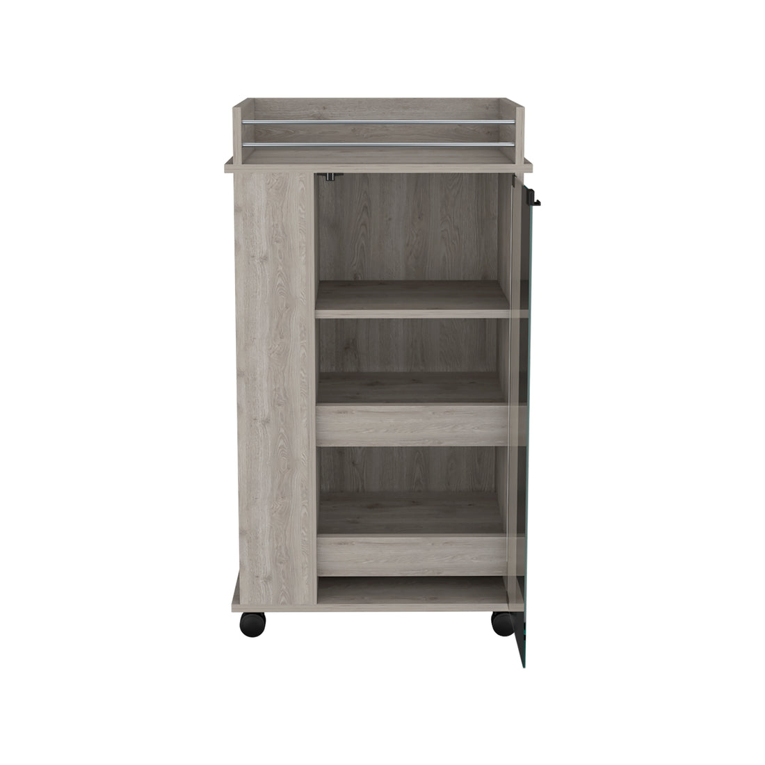 Bar Cart With Glass Door, 2 Side Shelves And Casters, Light Gray Gray Pine Particle Board Engineered Wood