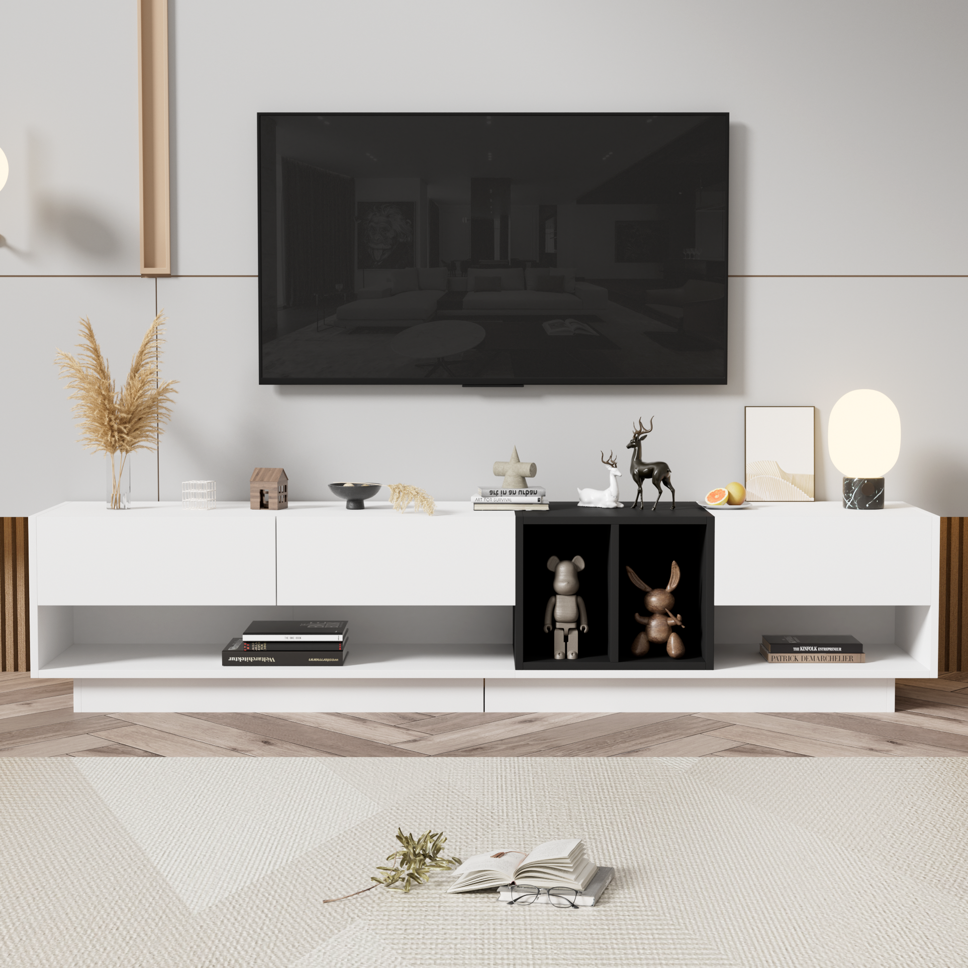 Sleek And Stylish Tv Stand With Perfect Storage Solution, Two Tone Media Console For Tvs Up To 80'', Functional Tv Cabinet With Versatile Compartment For Living Room, White White Primary Living Space Particle Board