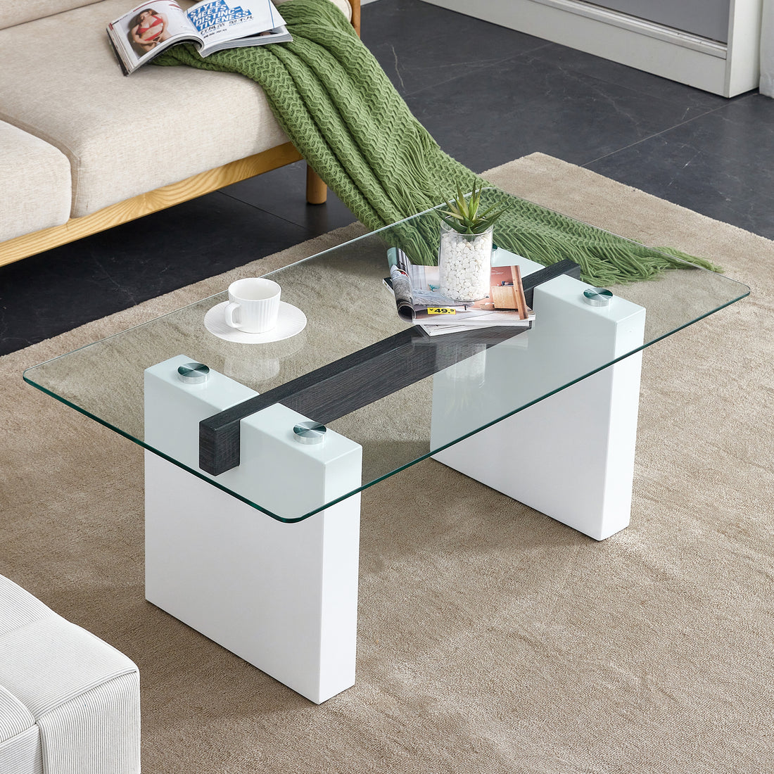 Modern Minimalist Transparent Tempered Glass Coffee Tablepaired With White Mdf Decorative Columns. Computer Desk. Game Table. Ct 1546 Transparent Glass