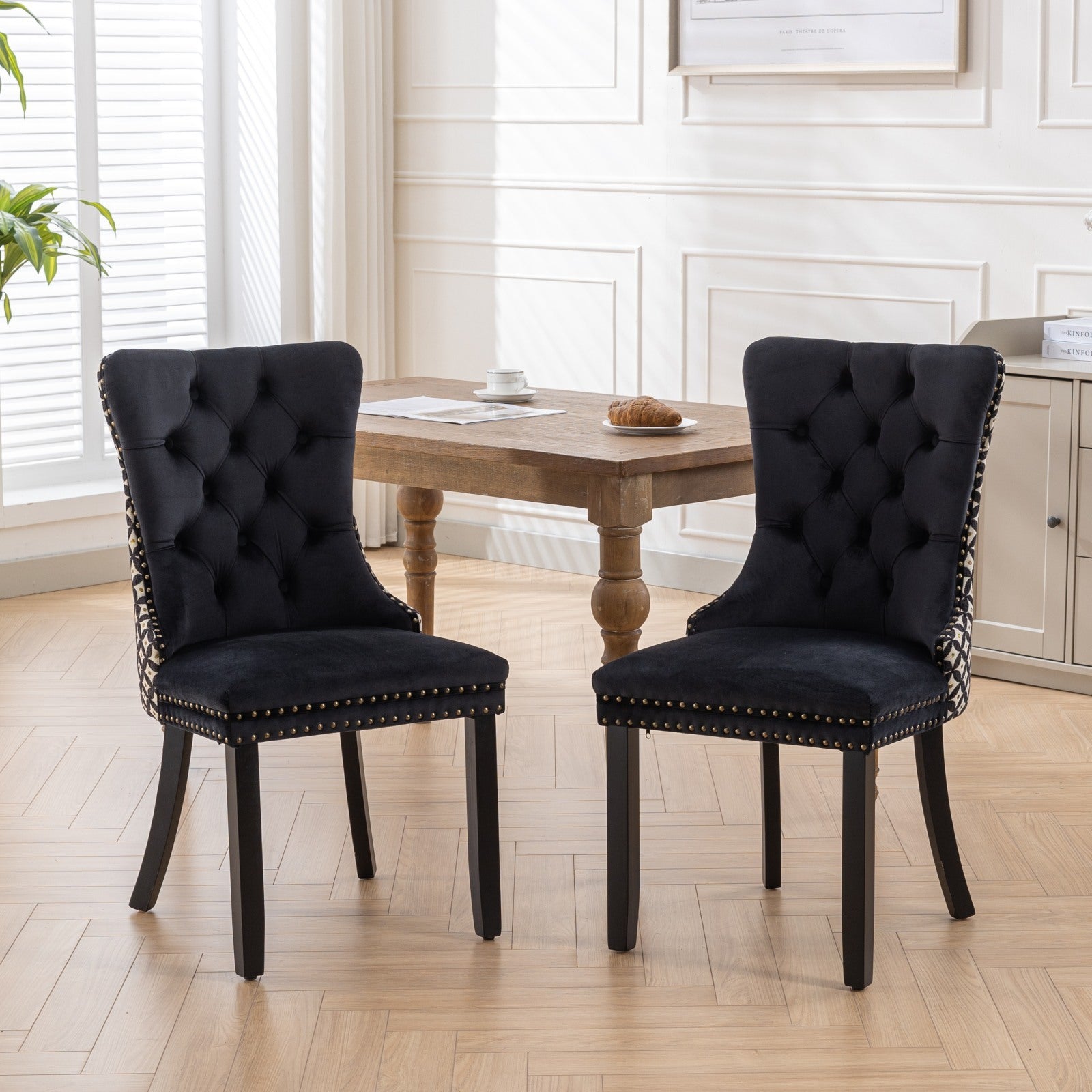 Classic Velvet Dining Chairs, High End Tufted Solid Wood Contemporary Velvet Upholstered Dining Chair With Wood Legs Nailhead, Set Of 2,Black And Patterned,Sw2201Bk Black Dining Room American Design Foam Velvet