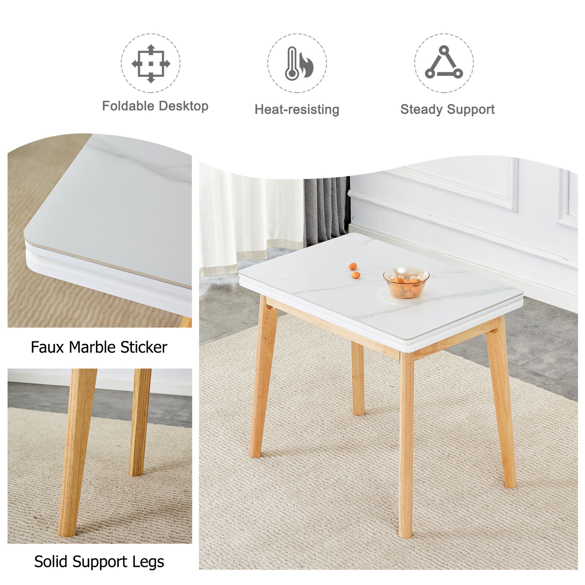 White Sintered Stone Tabletop With Rubber Wooden Legs, Foldable Computer Desk, Foldable Office Desk, Suitable For Restaurants, Living Rooms, Terraces, Kitchens White Sintered Stone