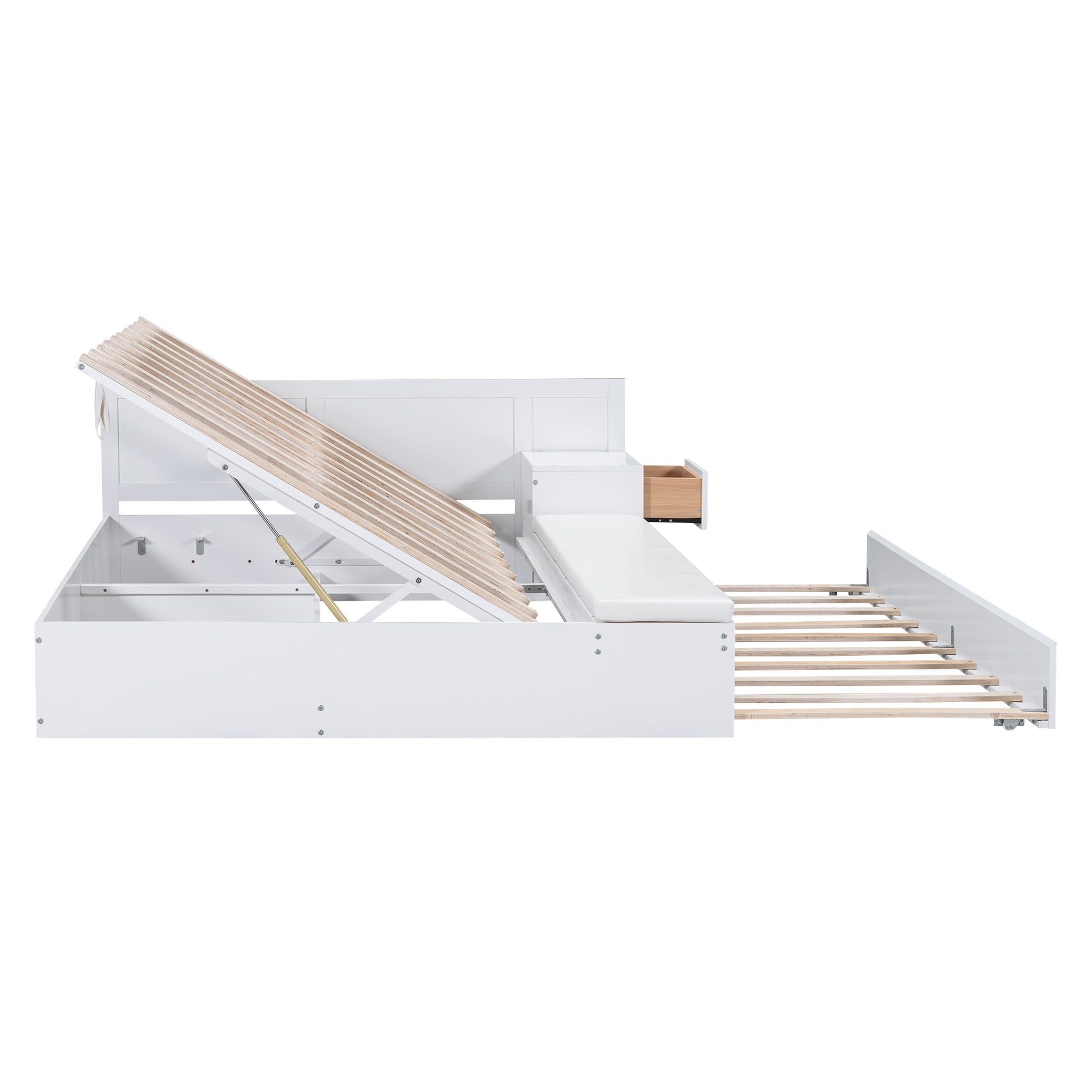 Full Size Wood Storage Hydraulic Platform Bed With Twin Size Trundle, Side Table And Lounge, White Box Spring Not Required Full White Wood Bedroom Bed Frame Solid Wood Mdf
