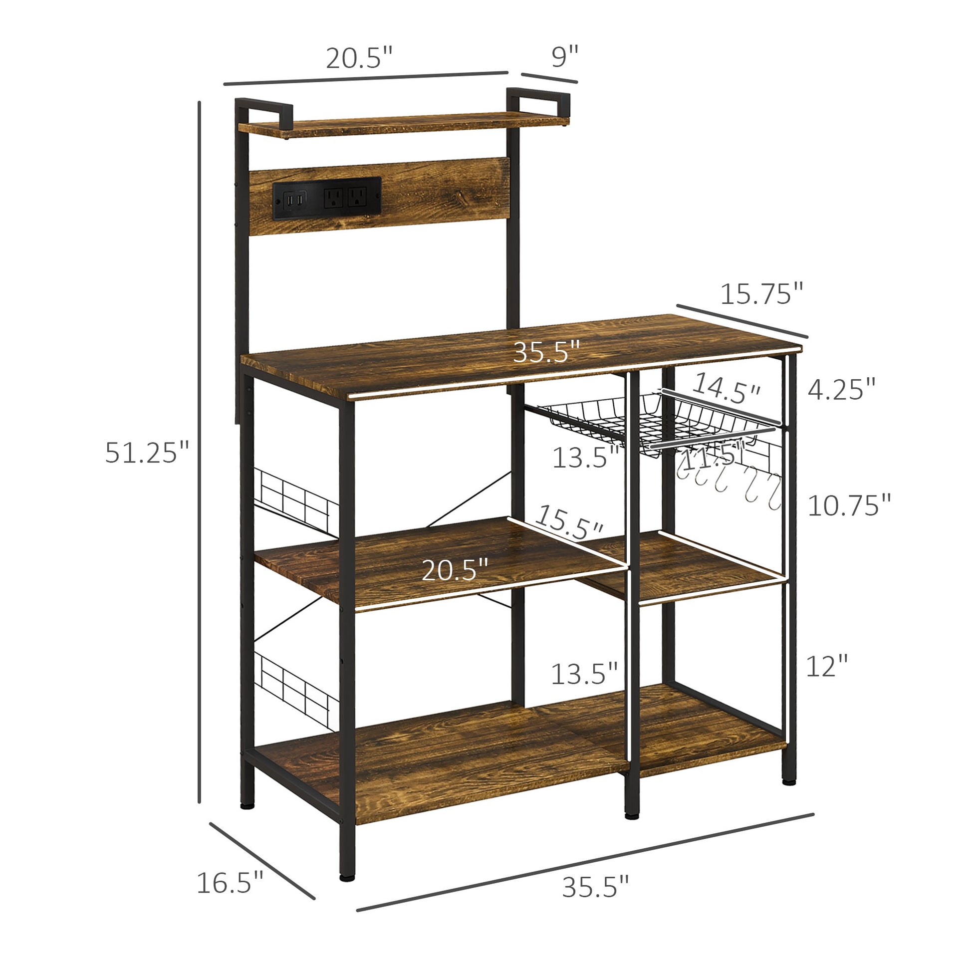 Homcom Bakers Rack With Power Outlet, Usb Charger, Microwave Stand, Coffee Bar With Wire Basket, Industrial Kitchen Shelves With 5 S Hooks For Spices, Pots And Pans, Rustic Brown Brown Particle Board