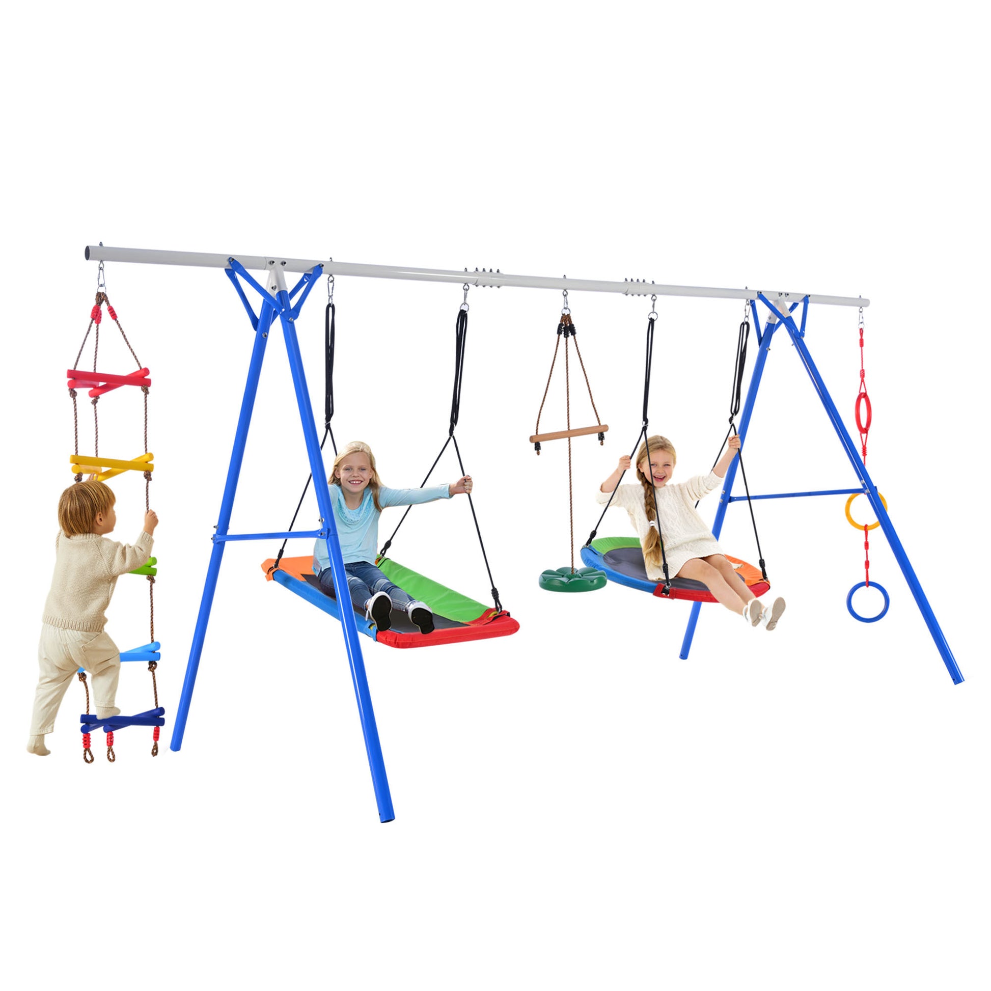 5 In 1 Outdoor Toddler Swing Set For Backyard, Playground Swing Sets With Steel Frame, Multifunction Playsets For Kids With Climbing Ladder, Saucer Swing, Monkey Bar Swing, Disc Swing And Swing Ring Blue Metal