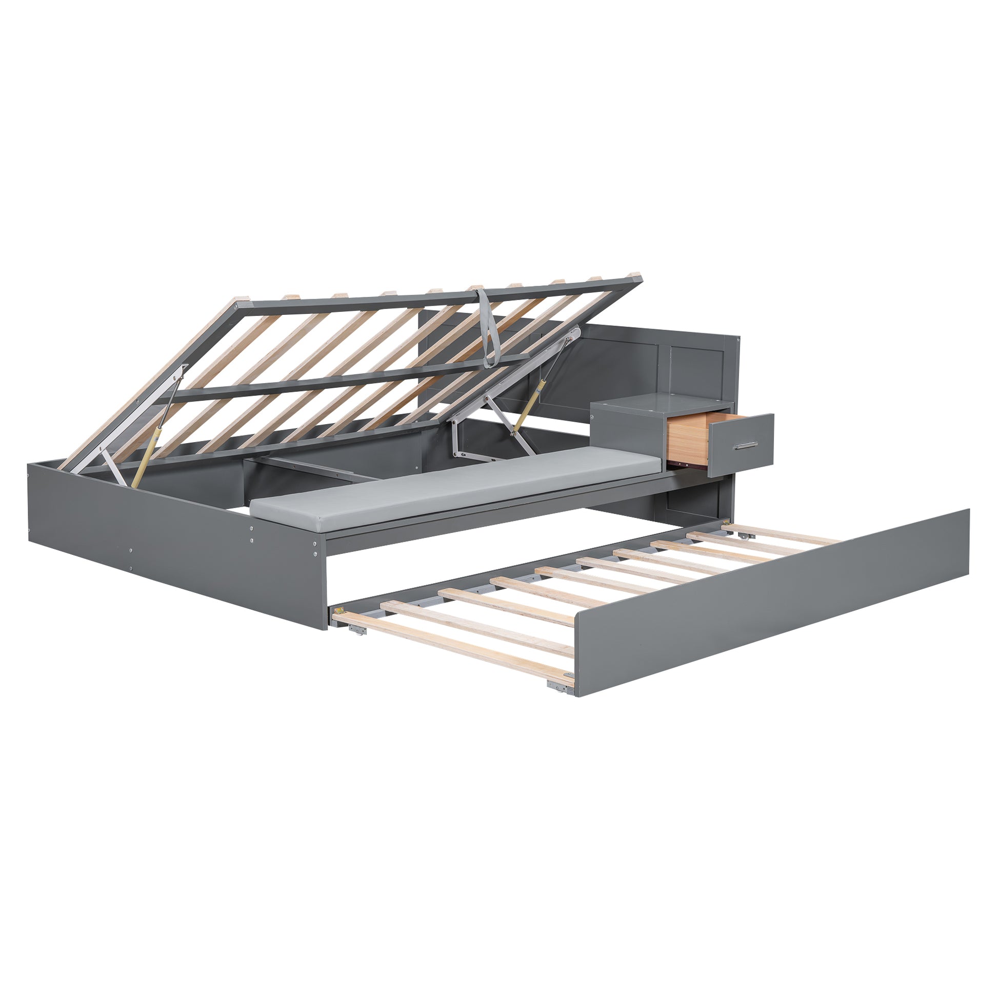 Full Size Wood Storage Hydraulic Platform Bed With Twin Size Trundle, Side Table And Lounge, Gray Box Spring Not Required Full Gray Wood Bedroom Bed Frame Solid Wood Mdf