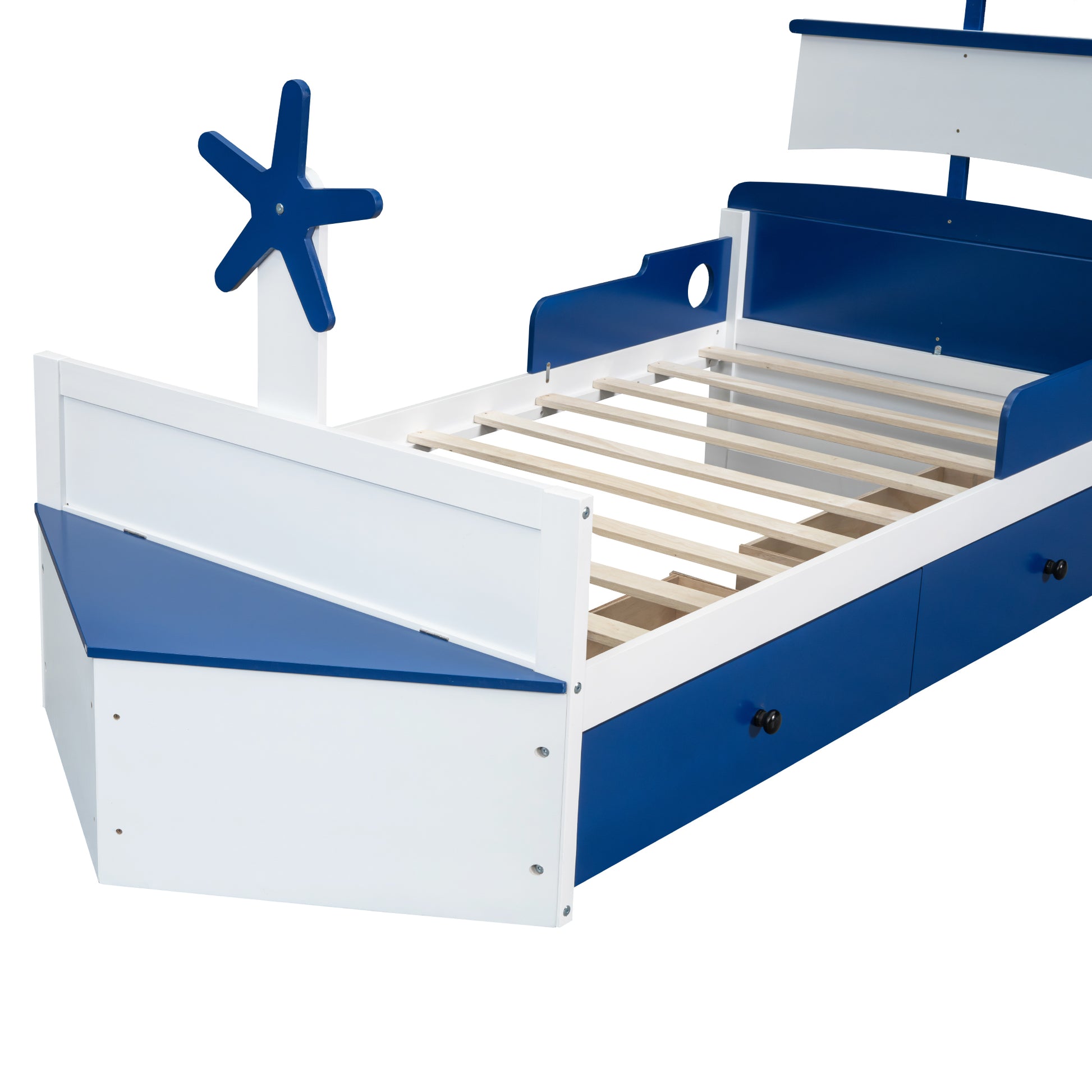 Twin Size Boat Shaped Platform Bed With 2 Drawers ,Twin Bed With Storage For Bedroom,Blue Blue Wood