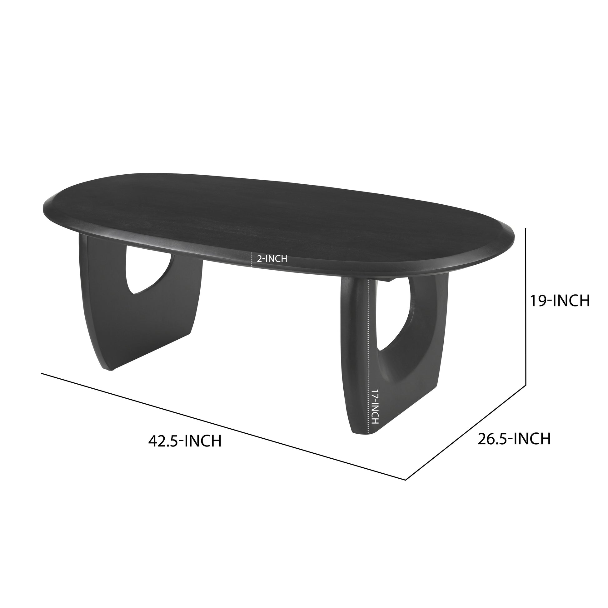 43 Inch Coffee Table, Handcrafted Acacia Wood, Cut Out Rounded Panel Legs, Black Black Acacia Wood