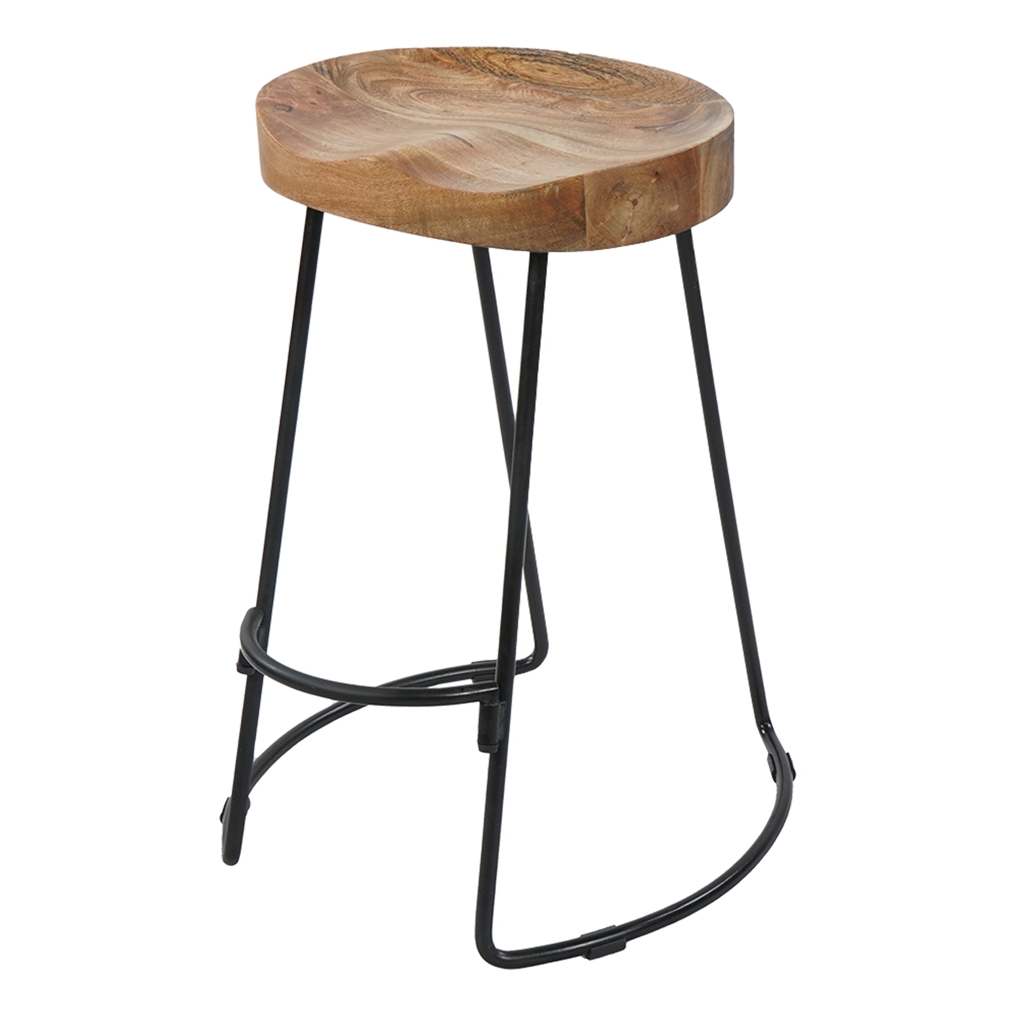 30 Inch Handcrafted Backless Counter Height Barstool, Natural Brown Mango Wood Saddle Seat, Black Iron Base Black Brown Metal & Wood